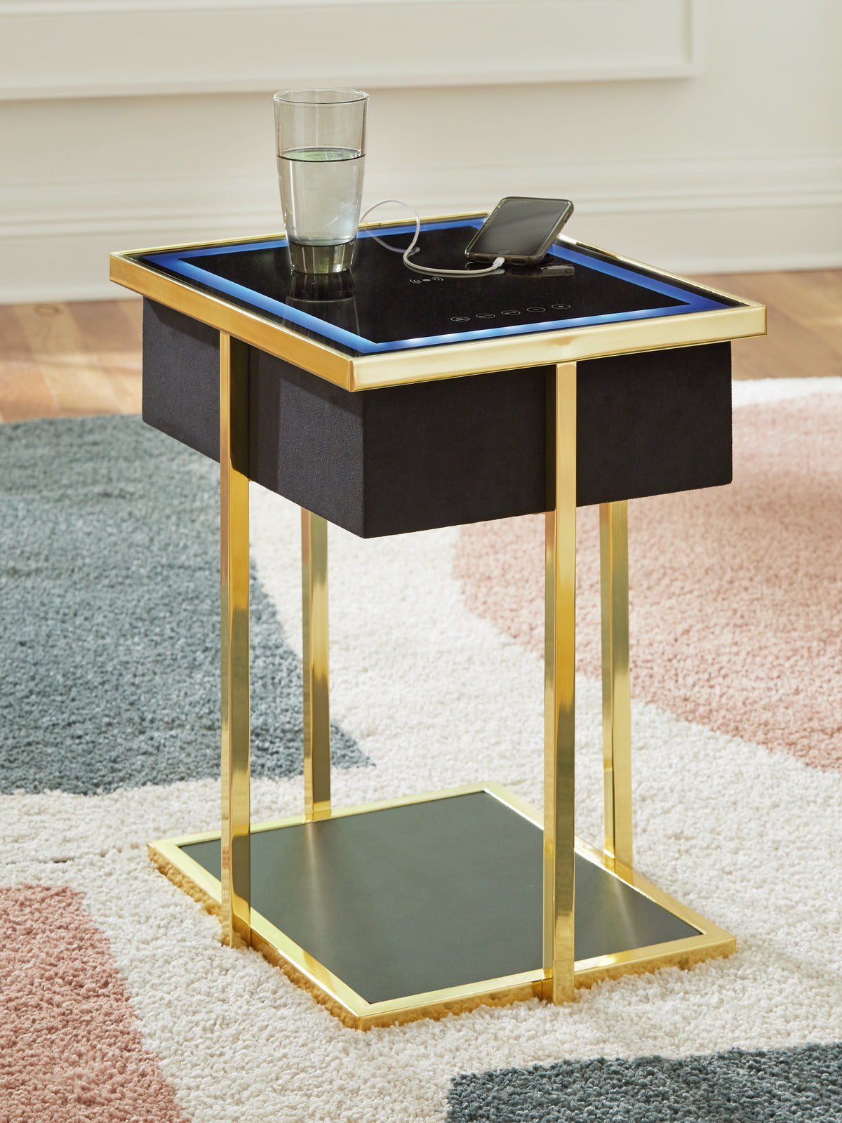 Leasing Furniture - Ashley Furniture - Rexwell Accent Table with Speaker - Accent Table with Speaker / Black/Gold Finish - A4000681