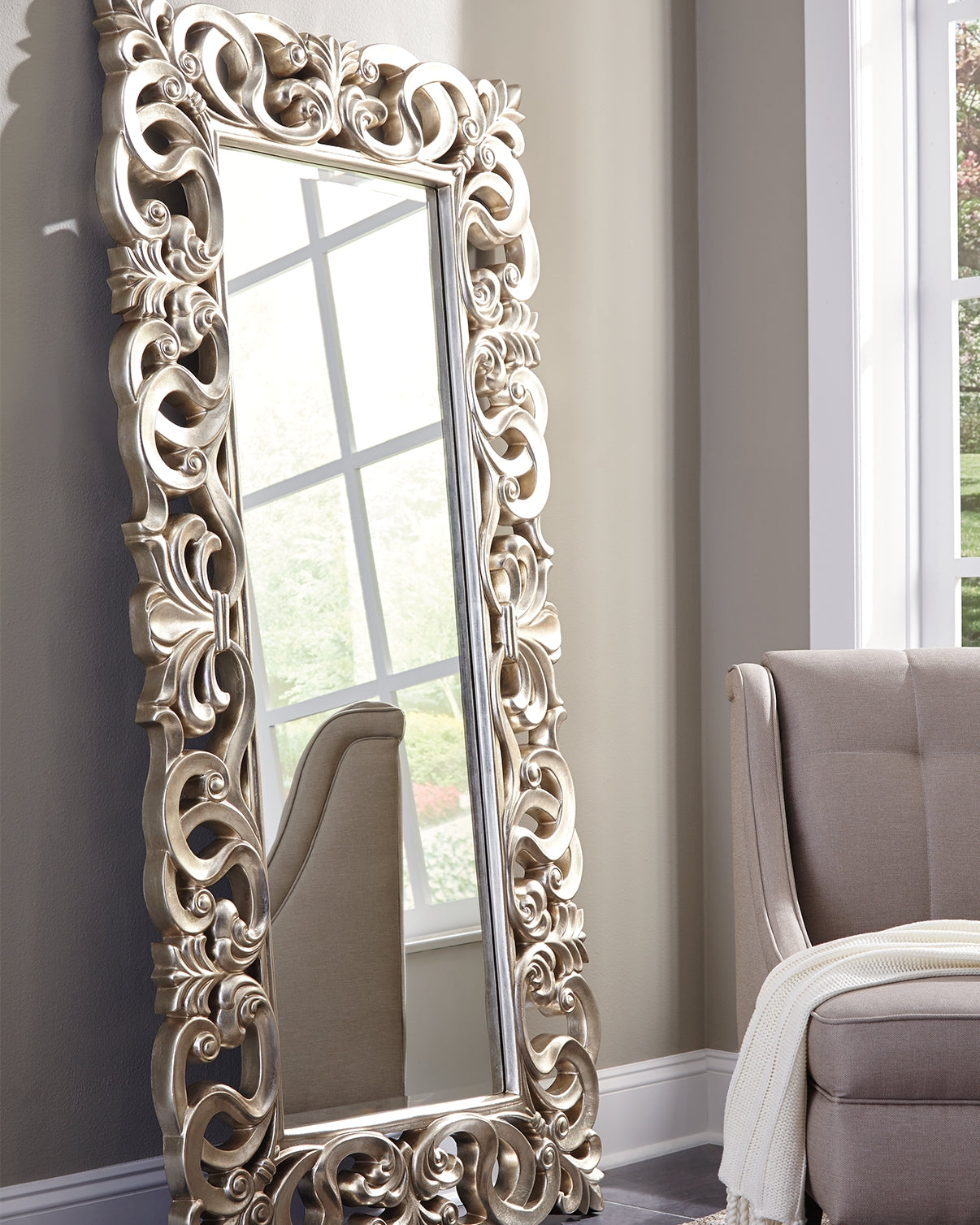 Leasing Furniture - Ashley Furniture - Lucia Mirror - Floor Mirror / Antique Silver Finish - A8010123