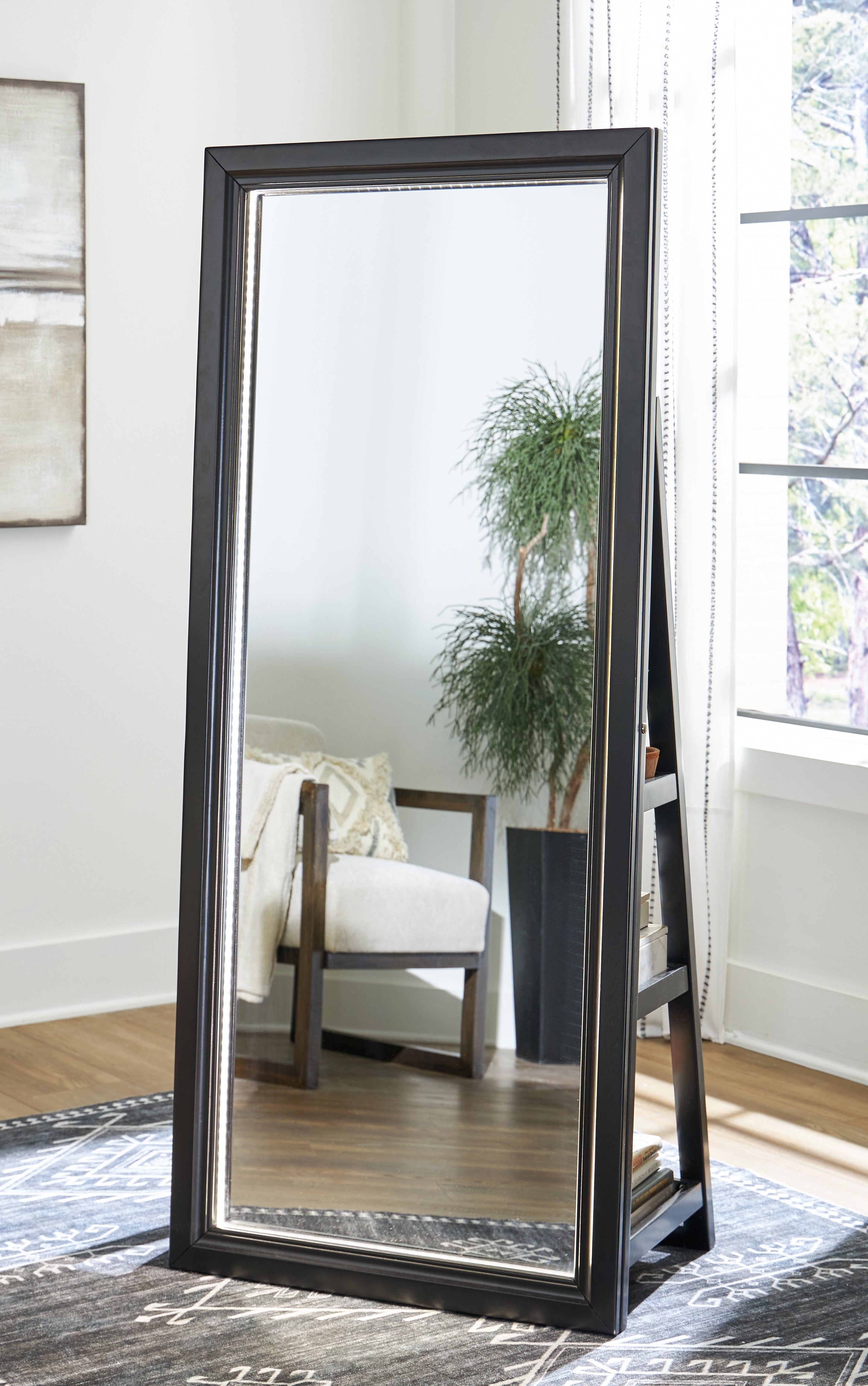 Leasing Furniture - Ashley Furniture - Evesen Mirror - Floor Standing Mirror/Storage / Black - A8010384