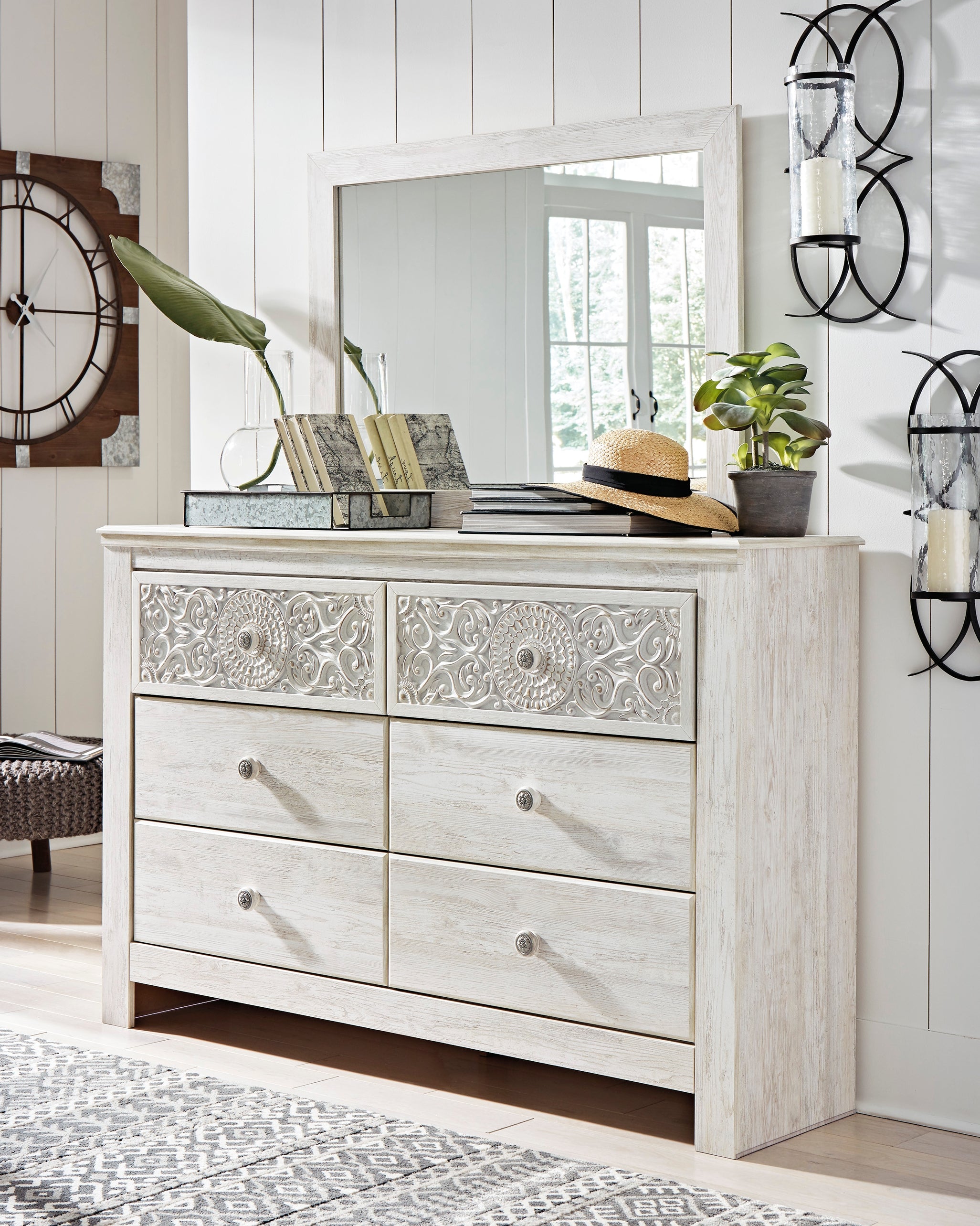 Leasing Furniture - Ashley Furniture - Paxberry Bedroom - Dresser and Mirror / Whitewash - B181B8