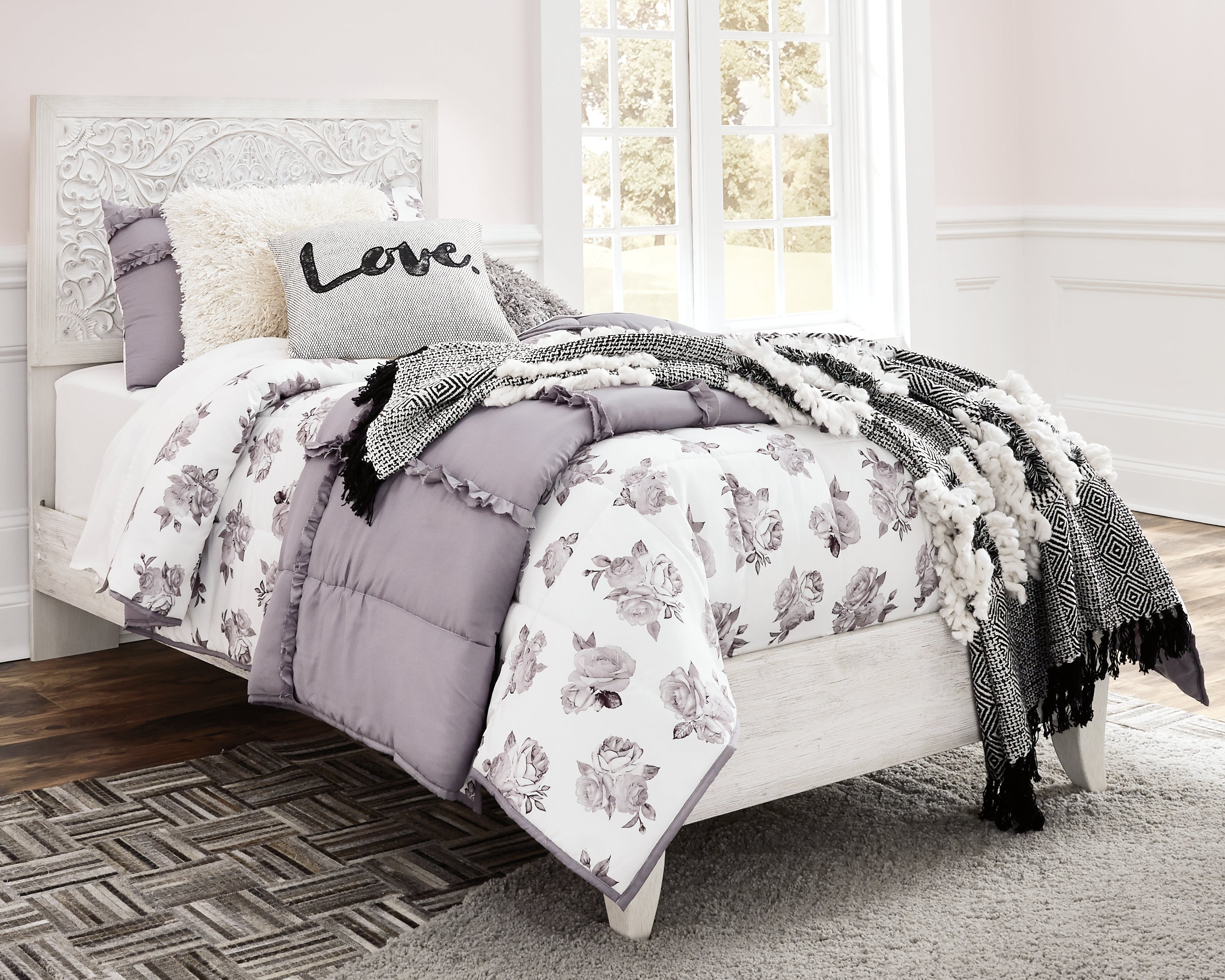 Leasing Furniture - Ashley Furniture - Paxberry Bedroom - Twin Panel Bed / Whitewash - B181B1