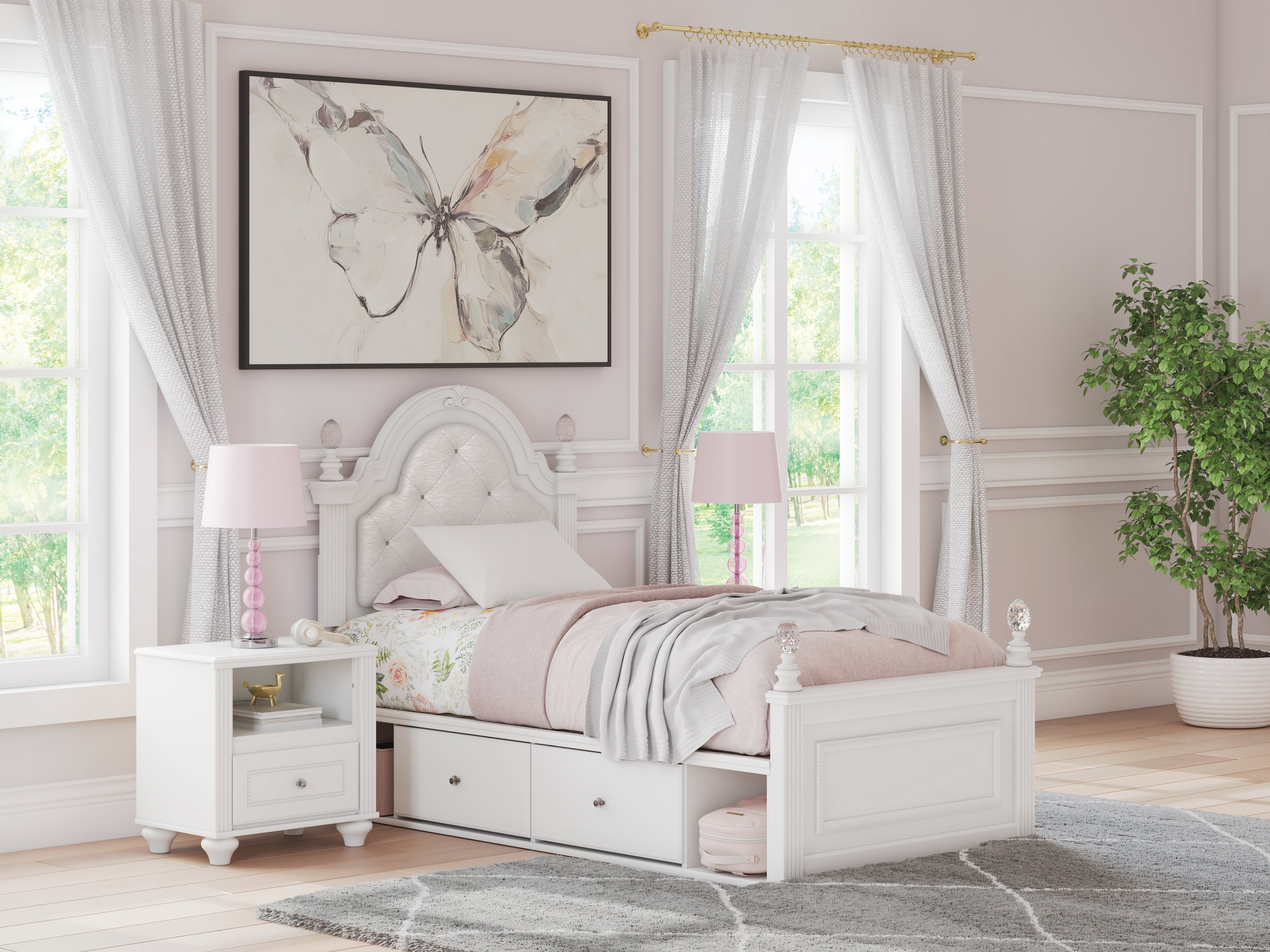 Leasing Furniture - Ashley Furniture - Kozlani Bedroom - Twin Upholstered Panel Storage Bed / White - PCB1819B9