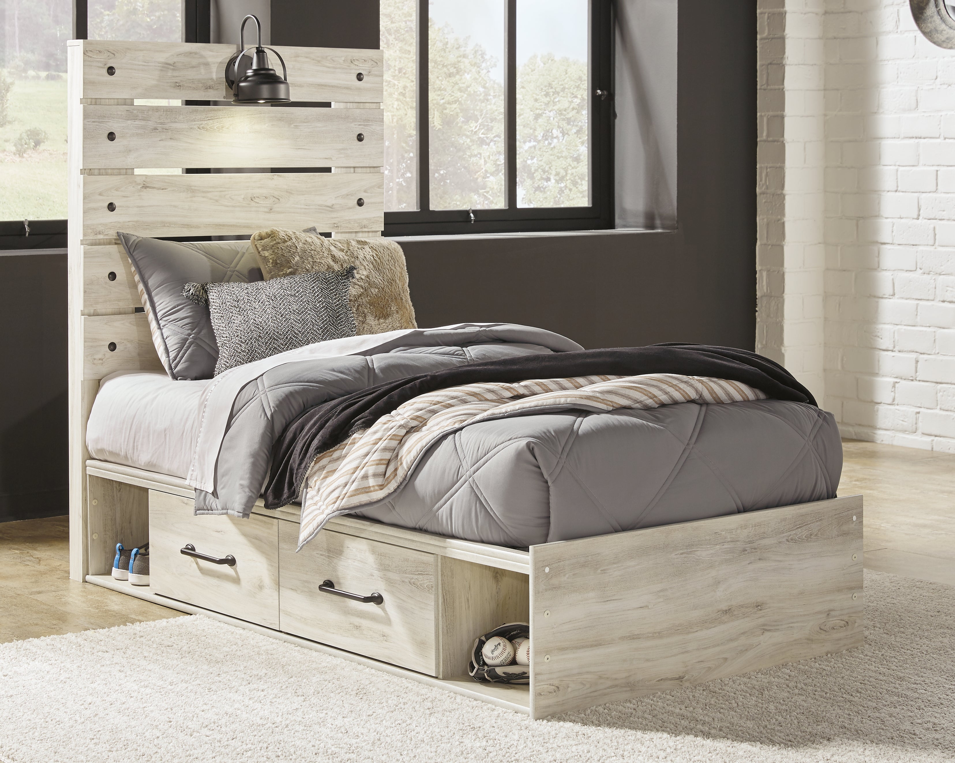 Leasing Furniture - Ashley Furniture - Cambeck Bedroom - Twin Panel Bed with 2 Storage Drawers / Whitewash - B192B13