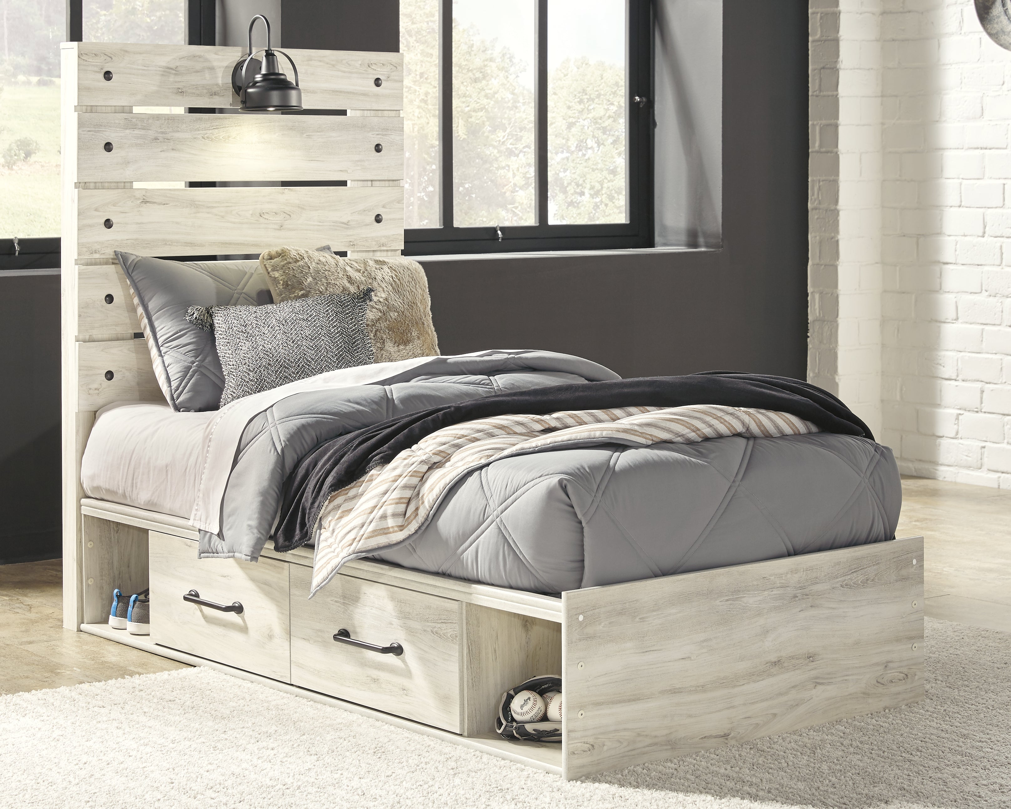 Leasing Furniture - Ashley Furniture - Cambeck Bedroom - Twin Panel Bed with 4 Storage Drawers / Whitewash - B192B21