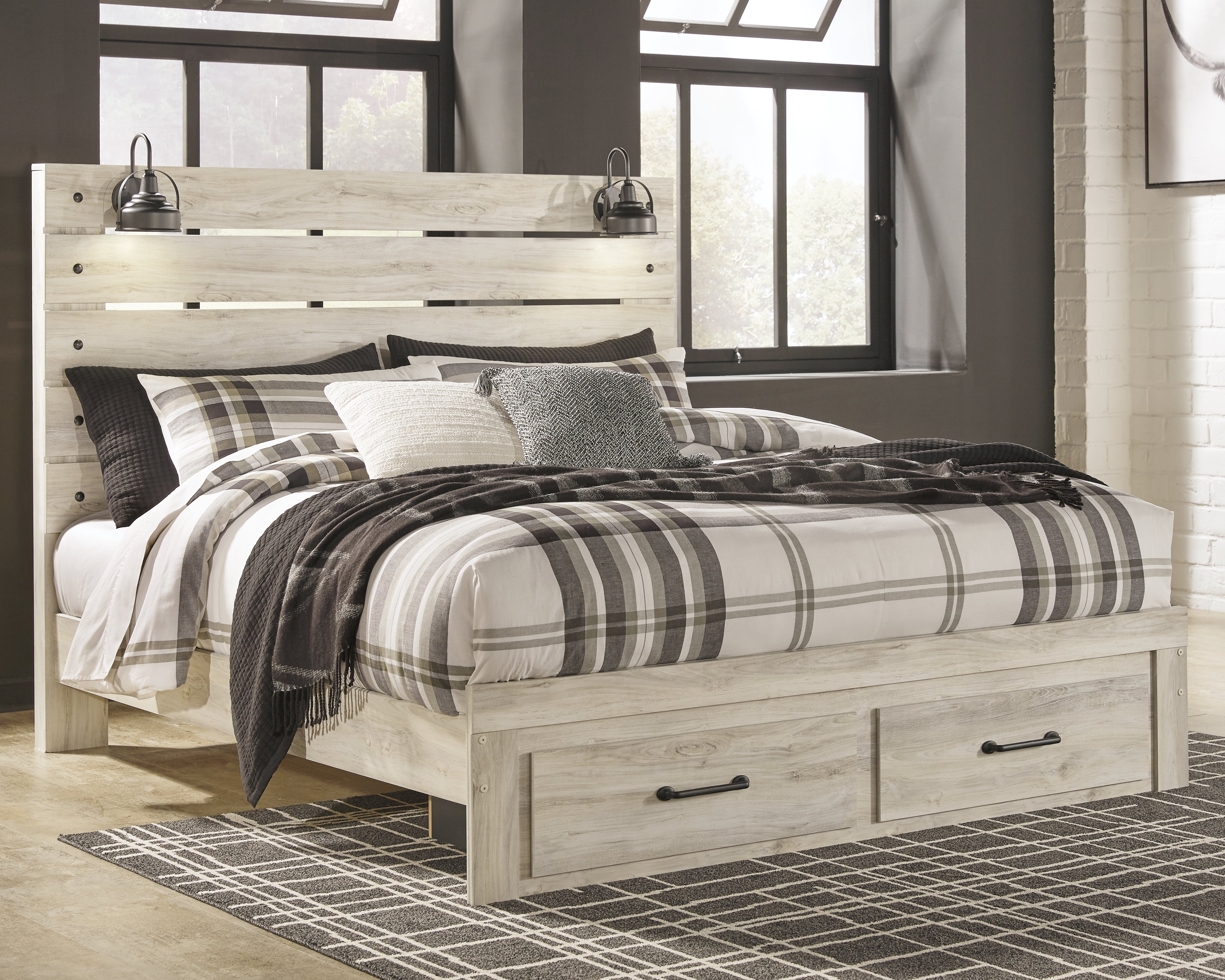 Leasing Furniture - Ashley Furniture - Cambeck Bedroom - King Panel Bed with 2 Storage Drawers / Whitewash - B192B31