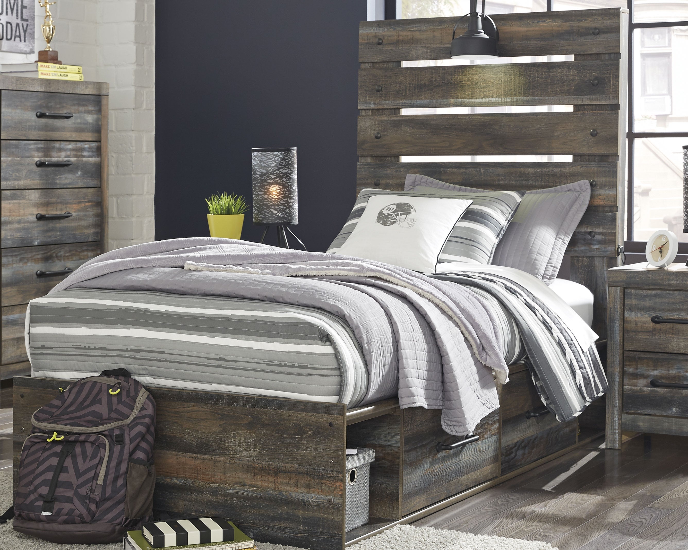 Leasing Furniture - Ashley Furniture - Drystan Bedroom - Twin Panel Bed with 4 Storage Drawers / Multi - B211B11