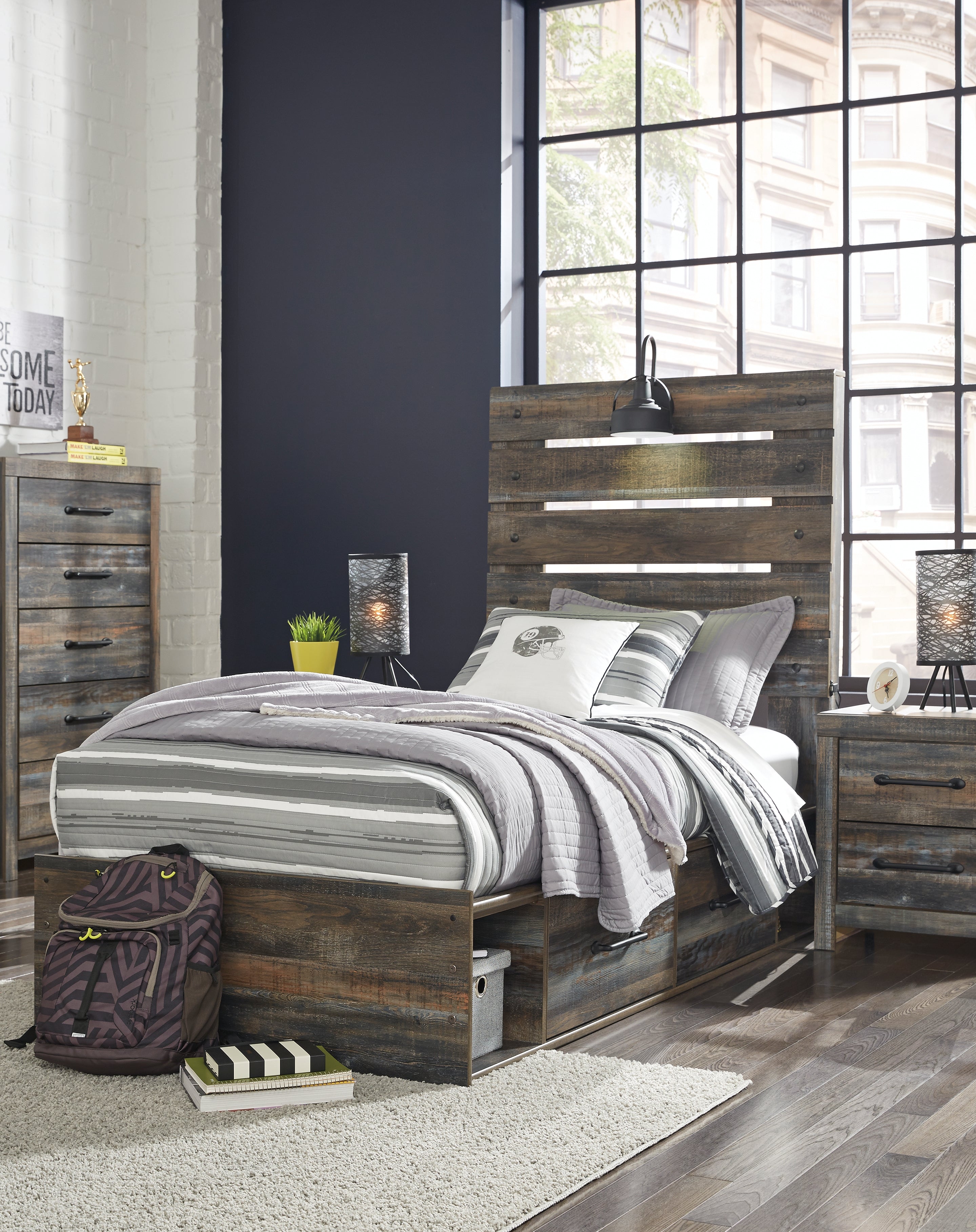Leasing Furniture - Ashley Furniture - Drystan Bedroom - Twin Panel Bed with 2 Storage Drawers / Multi - B211B8