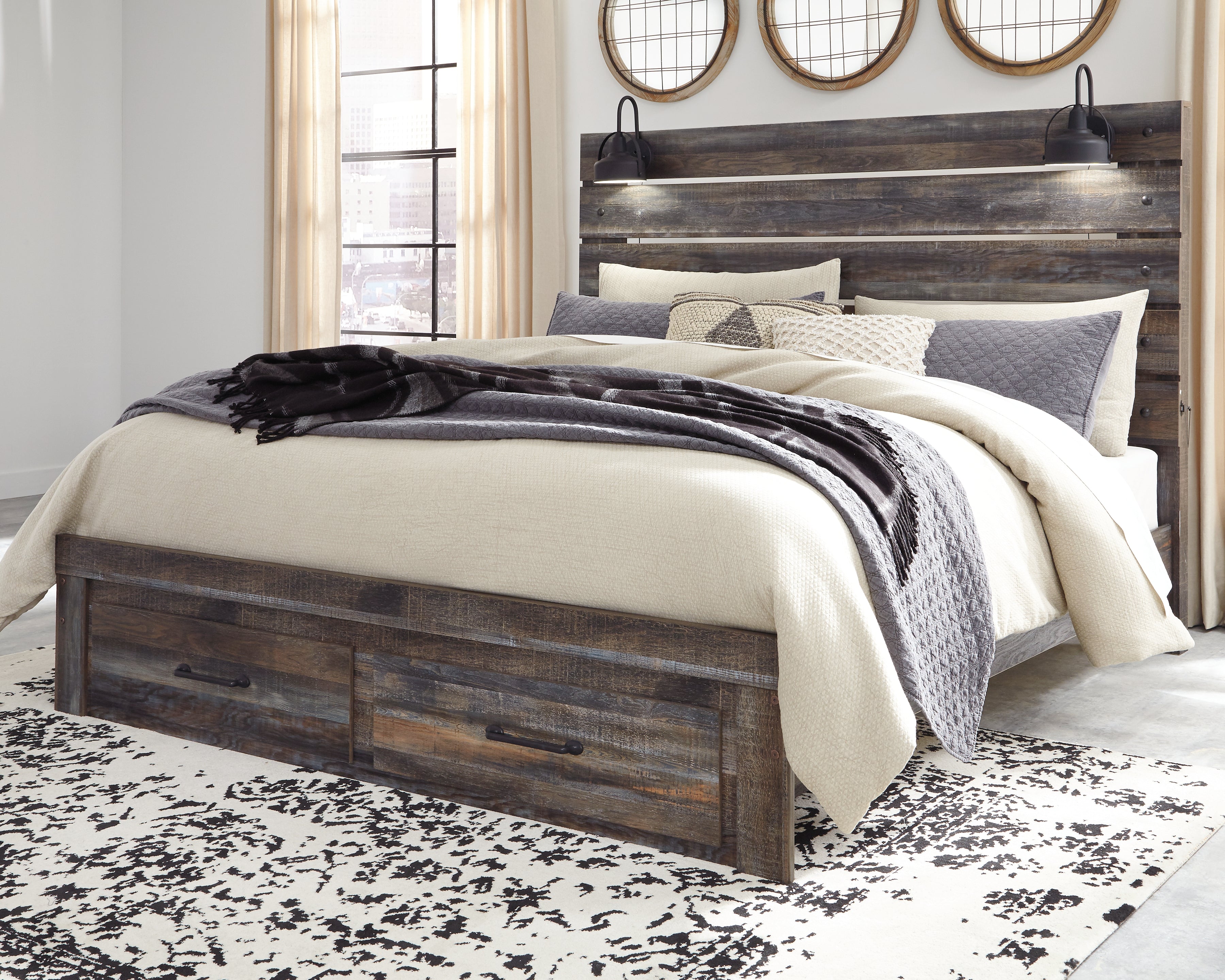 Leasing Furniture - Ashley Furniture - Drystan Bedroom - King Panel Bed with 2 Storage Drawers / Multi - B211B55