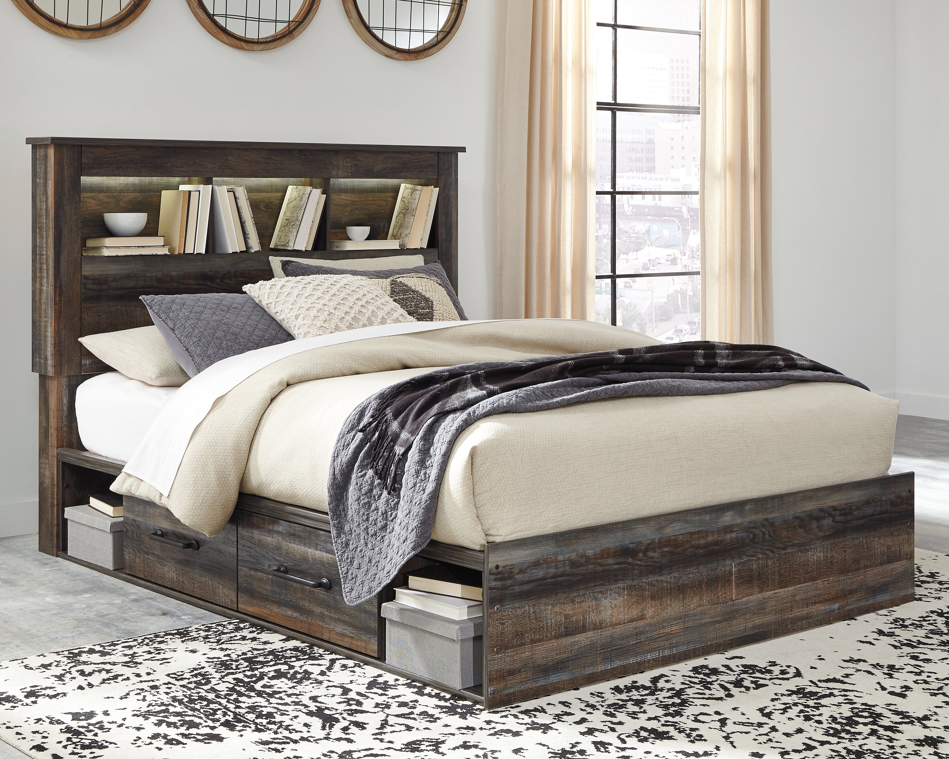 Leasing Furniture - Ashley Furniture - Drystan Bedroom - Queen Bookcase Bed with 2 Storage Drawers / Multi - B211B17