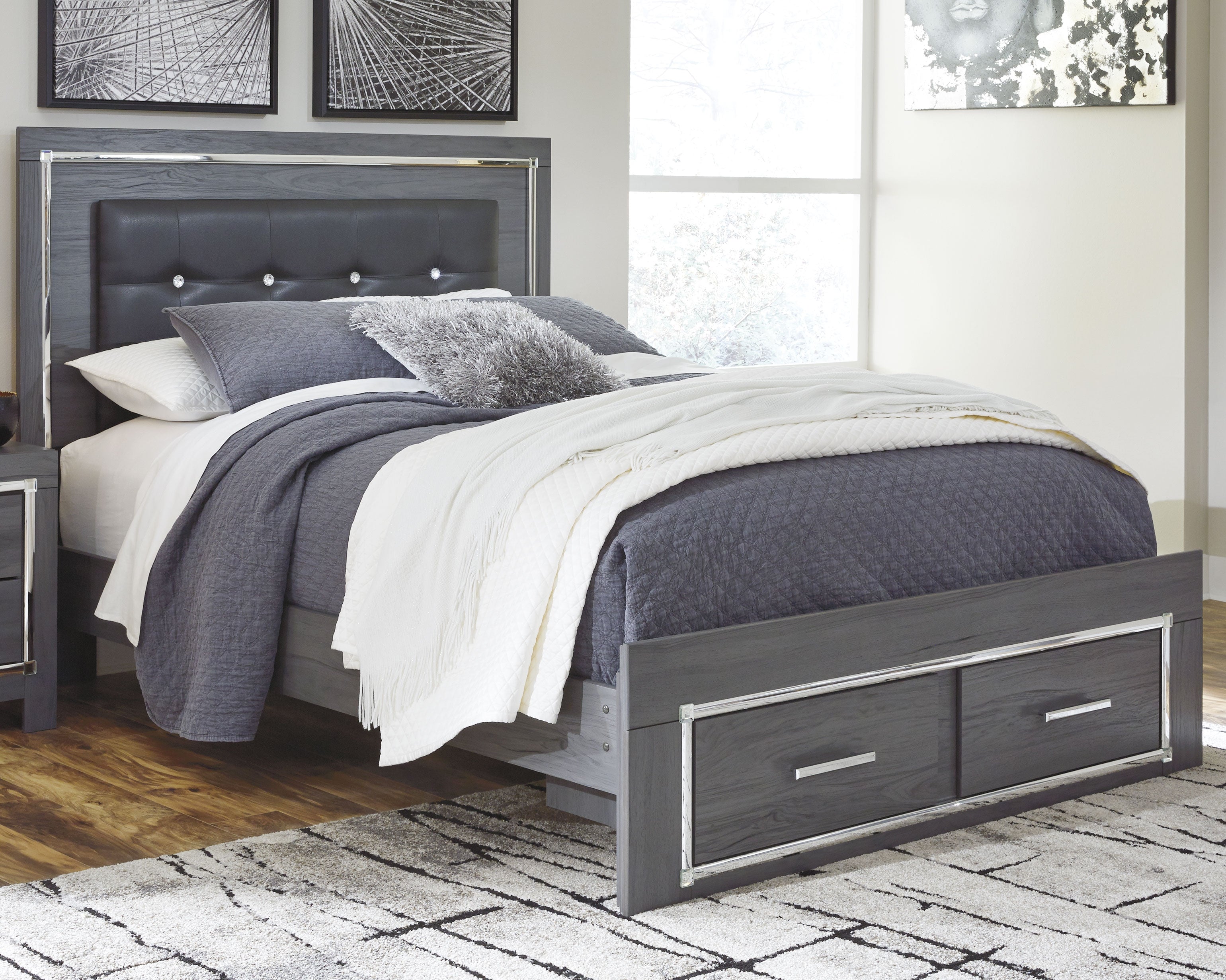 Leasing Furniture - Ashley Furniture - Lodanna Bedroom - Queen Panel Bed with 2 Storage Drawers / Gray - B214B3
