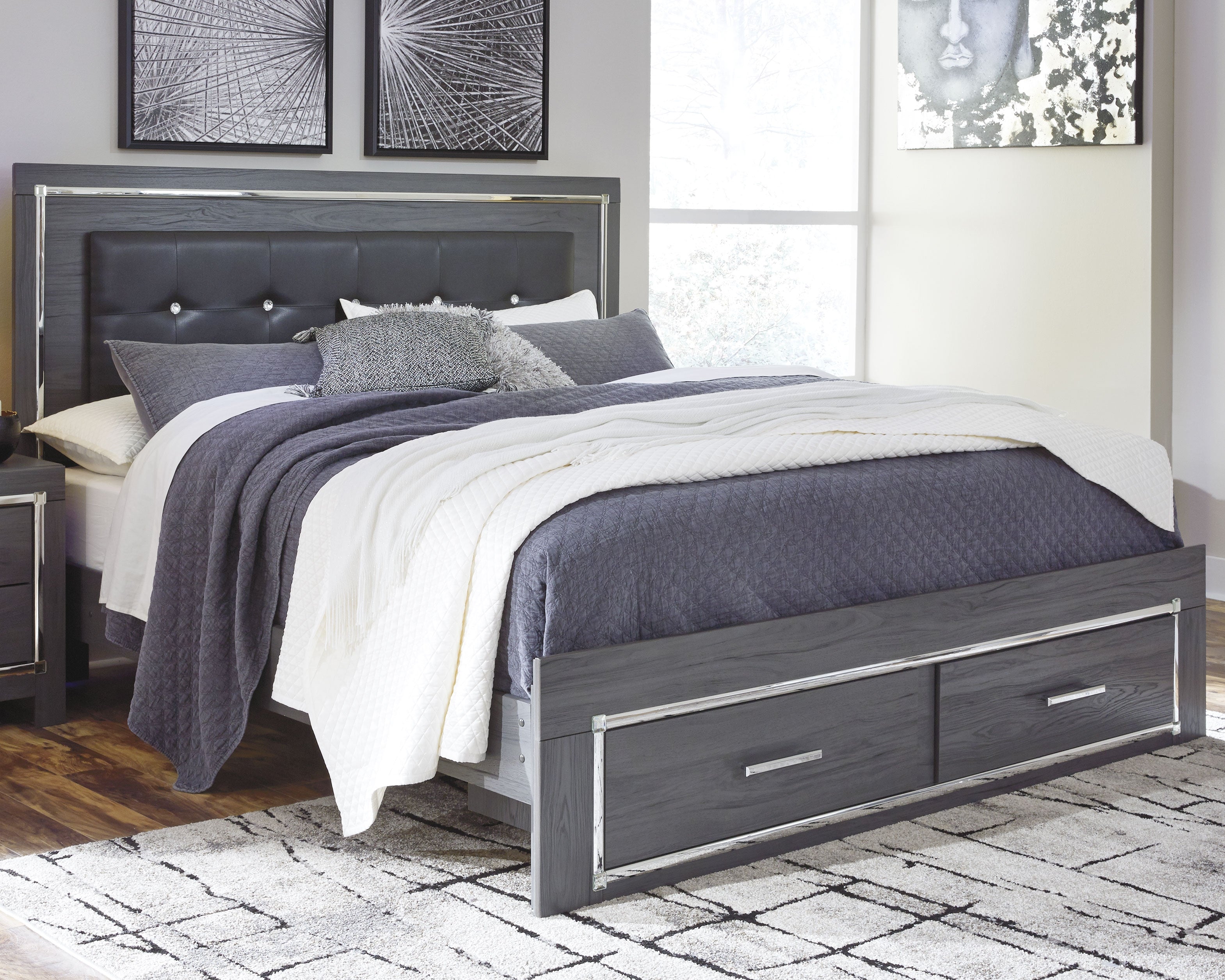 Leasing Furniture - Ashley Furniture - Lodanna Bedroom - King Panel Bed with 2 Storage Drawers / Gray - B214B11