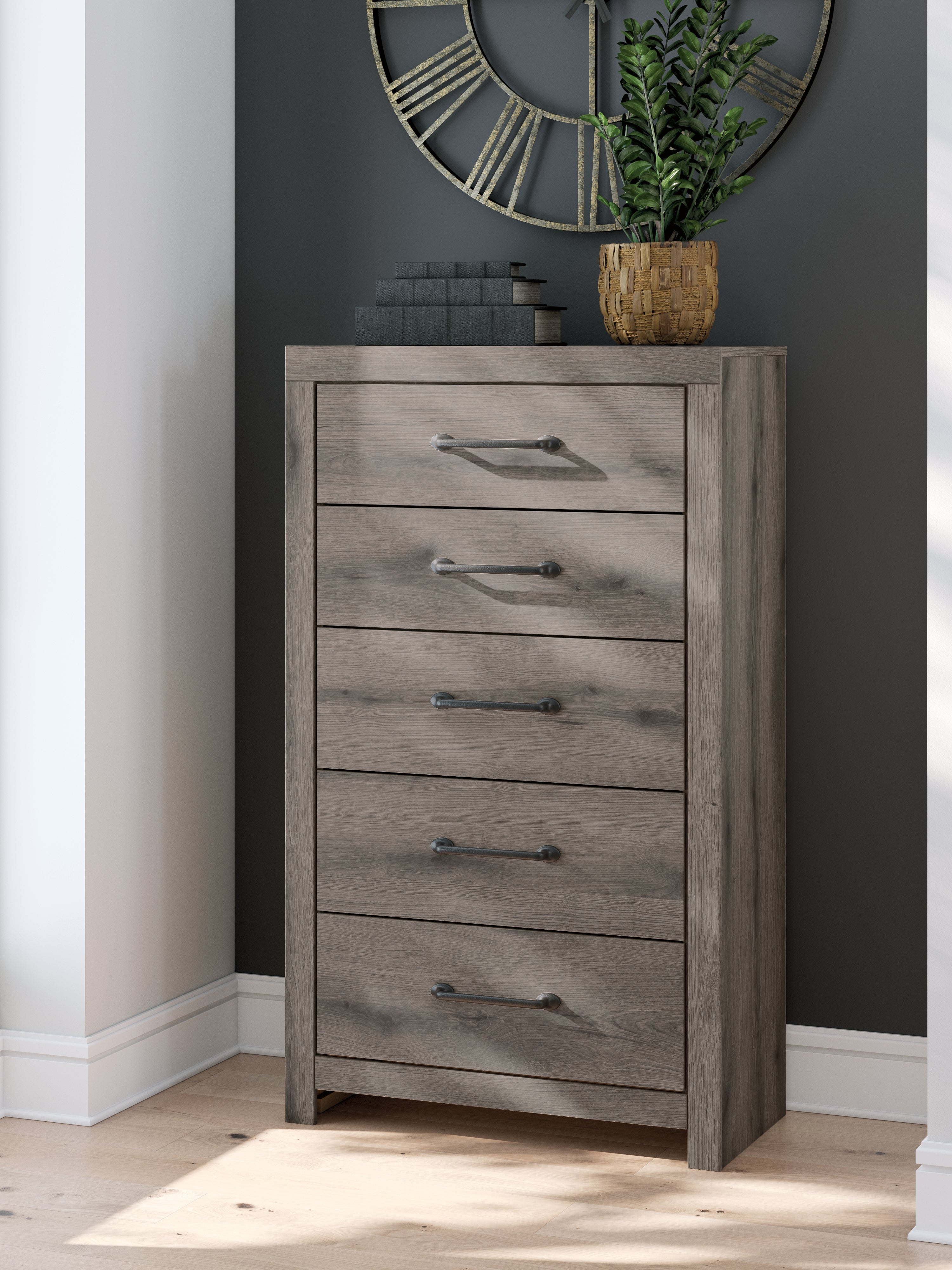 Leasing Furniture - Ashley Furniture - Graystorm Bedroom - Five Drawer Chest / Brown Gray - PCB2405-46