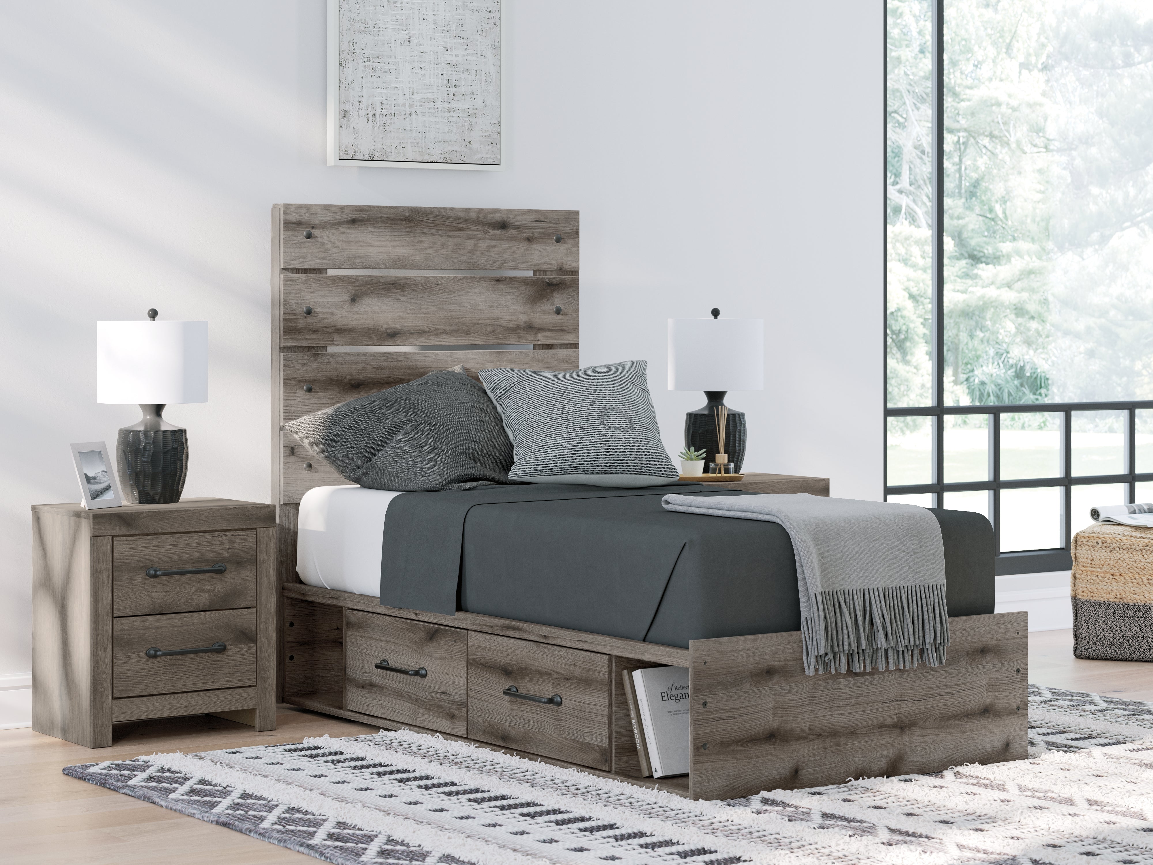 Leasing Furniture - Ashley Furniture - Graystorm Bedroom - Twin Panel Bed with Storage / Brown Gray - PCB2405B19