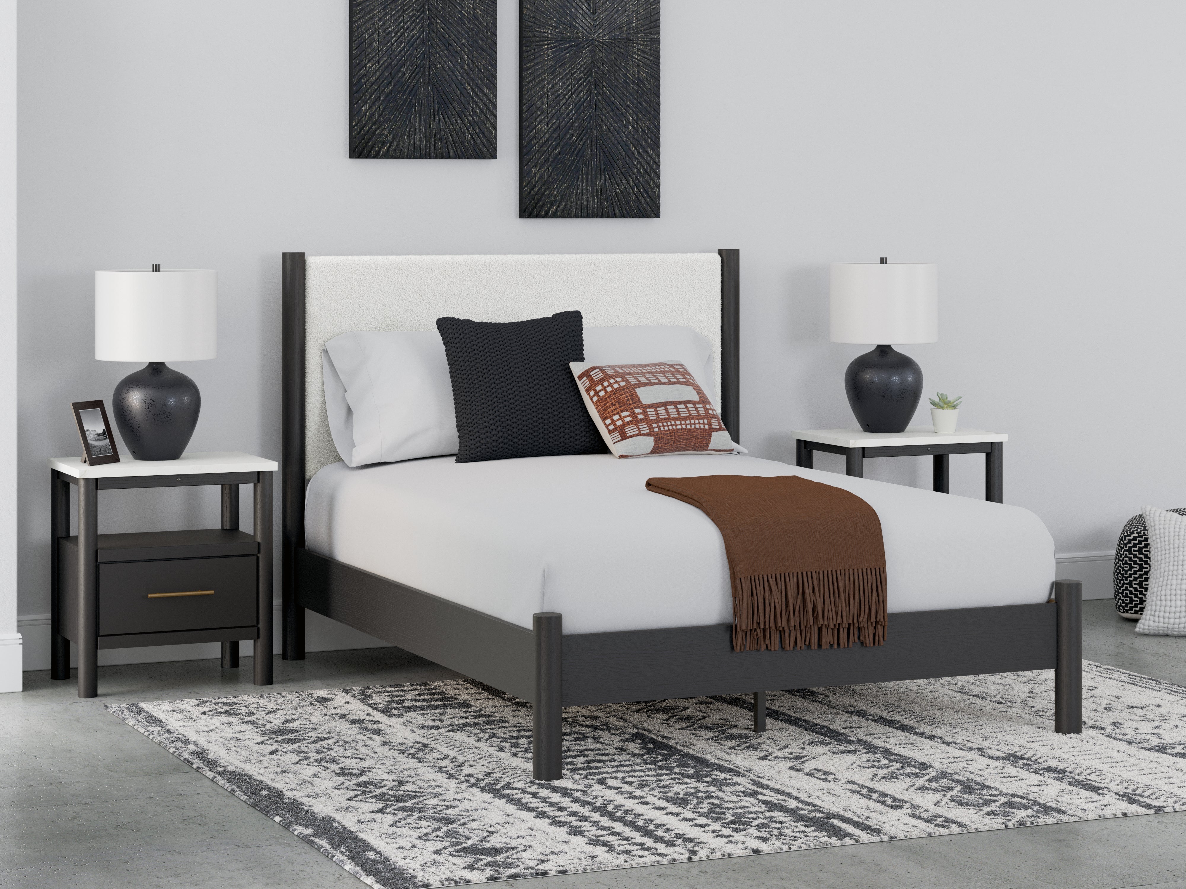 Leasing Furniture - Ashley Furniture - Cadmori Bedroom - Queen Upholstered Panel Bed / Black/White - B2616B2