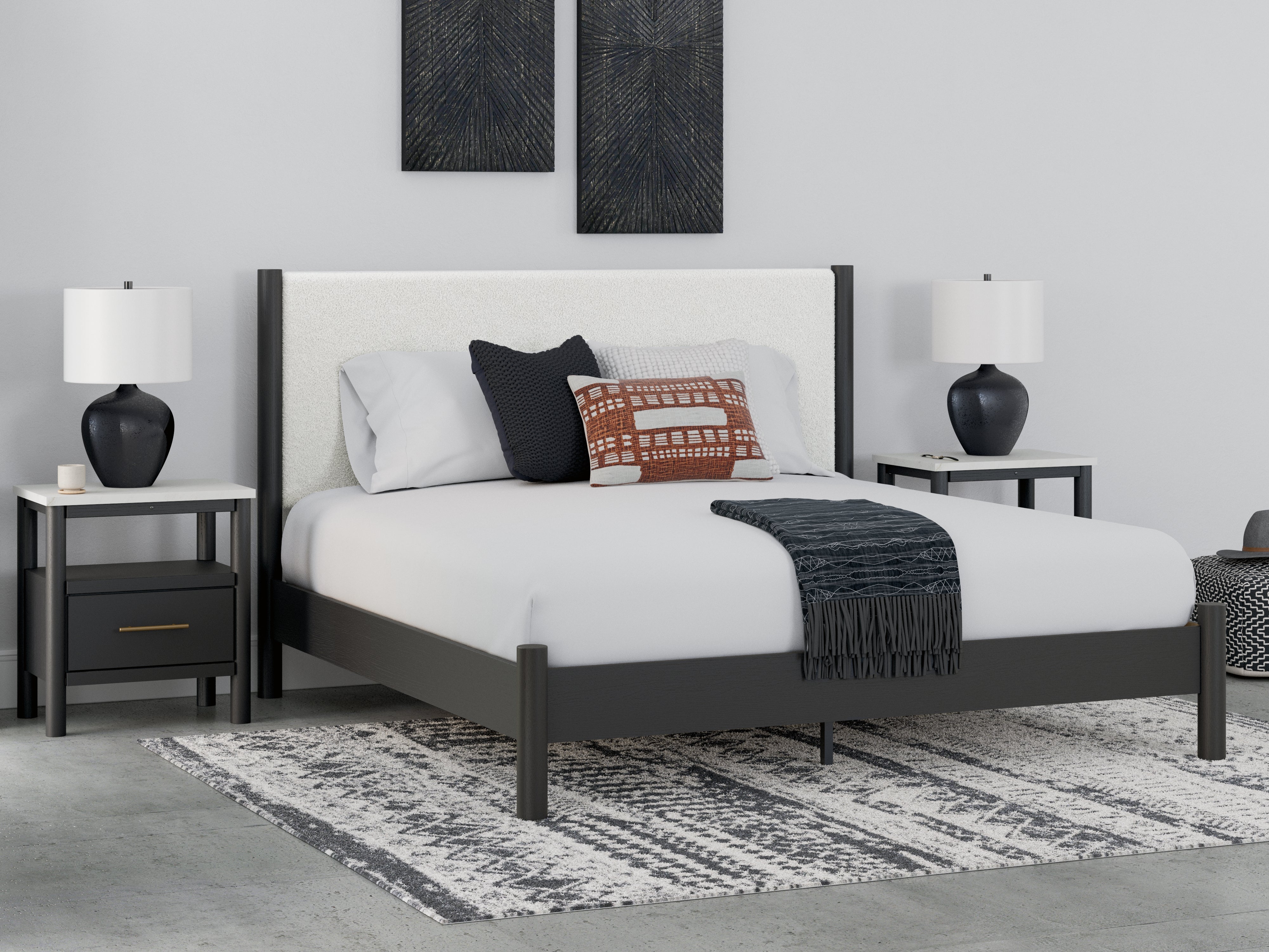 Leasing Furniture - Ashley Furniture - Cadmori Bedroom - King Upholstered Panel Bed / Black/White - B2616B8