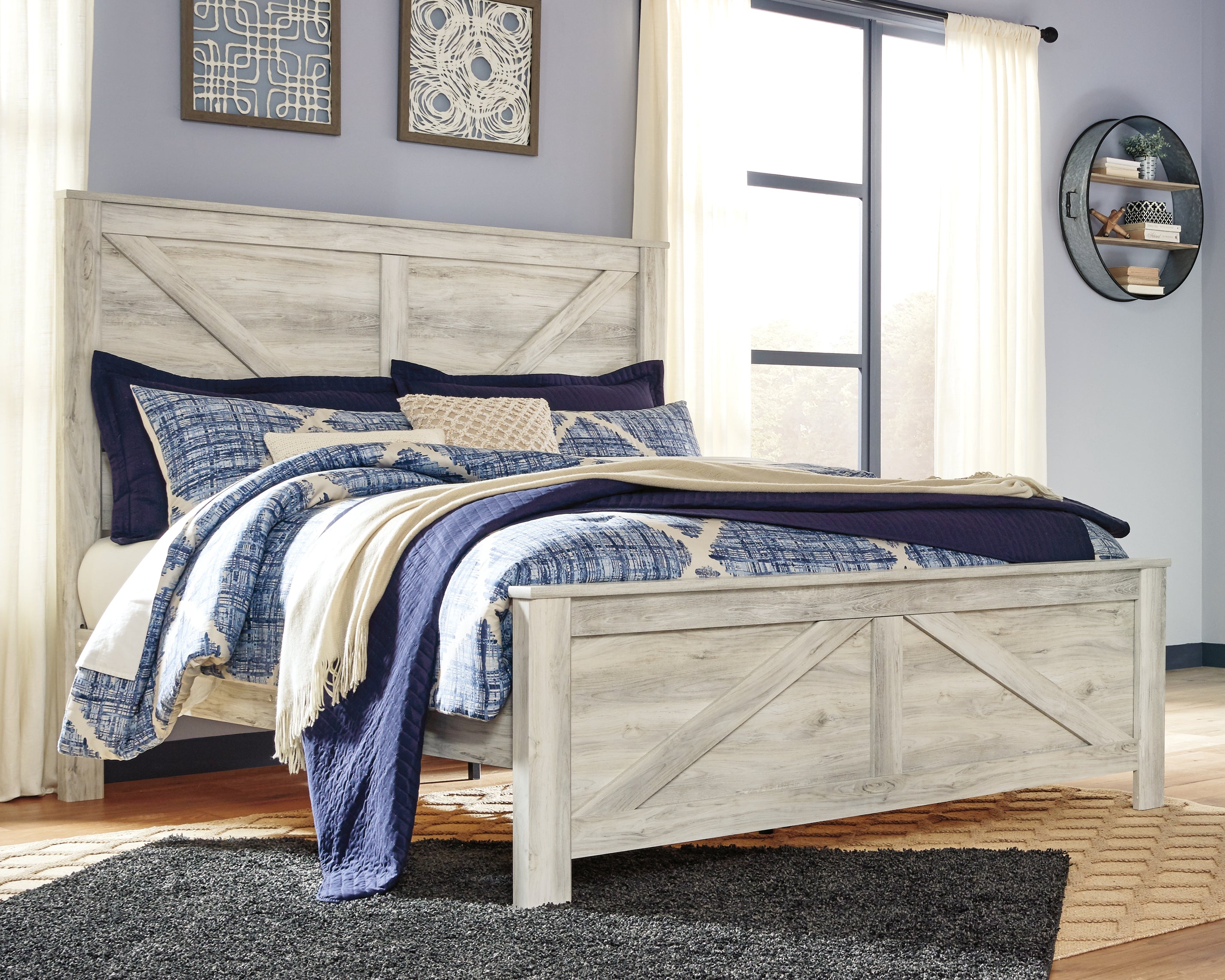 Leasing Furniture - Ashley Furniture - Bellaby Bedroom - King Crossbuck Panel Bed / Whitewash - B331B10