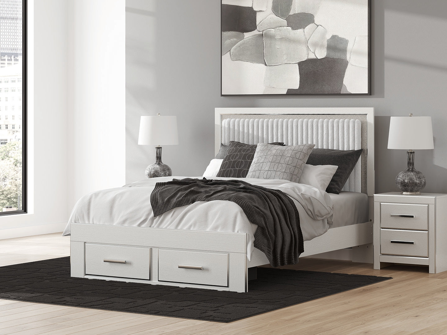 Leasing Furniture - Ashley Furniture - Zuraleus Bedroom - Queen Upholstered Panel Platform Storage Bed / White - PCB3381B4