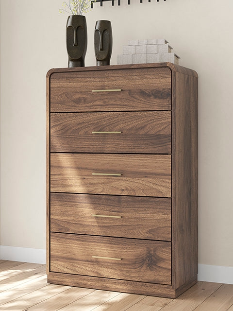 Leasing Furniture - Ashley Furniture - Fortlorn Bedroom - Five Drawer Chest / Walnut Brown - PCB386-46