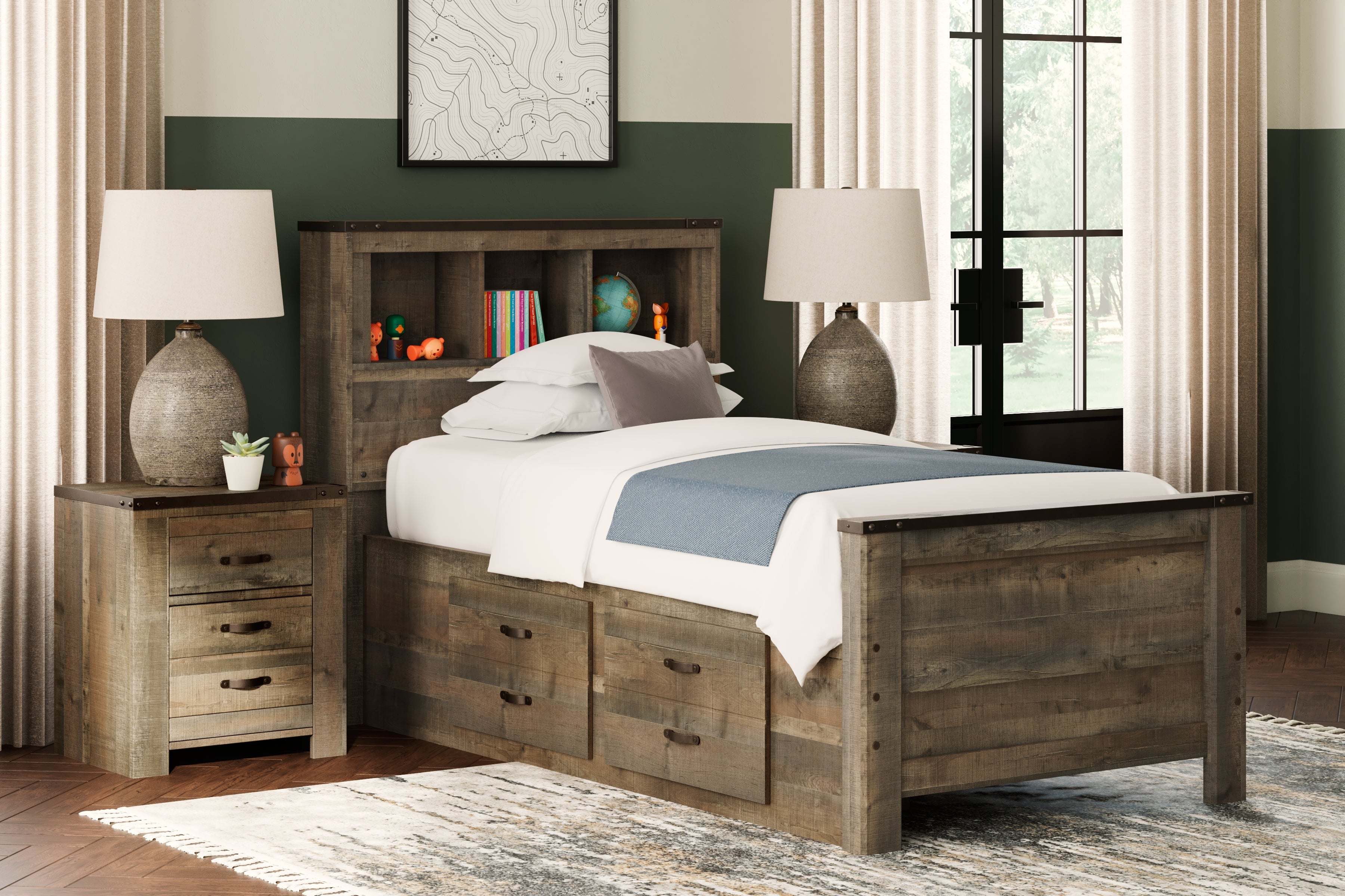 Leasing Furniture - Ashley Furniture - Trinell Bedroom - Twin Bookcase Bed with 2 Storage Drawers / Brown - B446B17