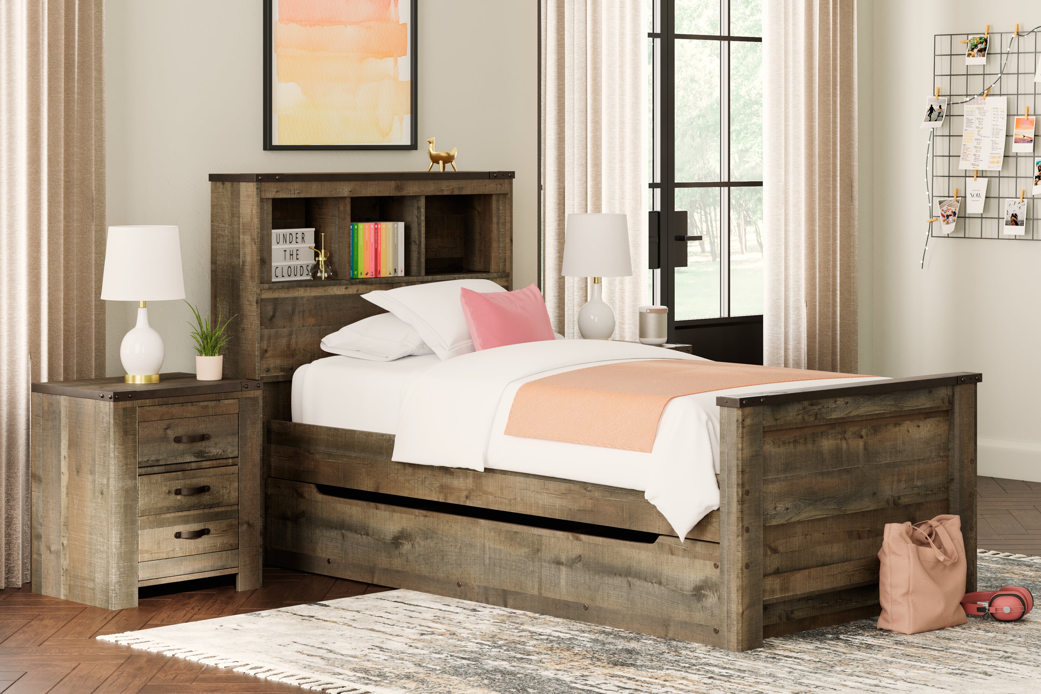 Leasing Furniture - Ashley Furniture - Trinell Bedroom - Twin Bookcase Bed with 1 Large Storage Drawer / Brown - B446B22