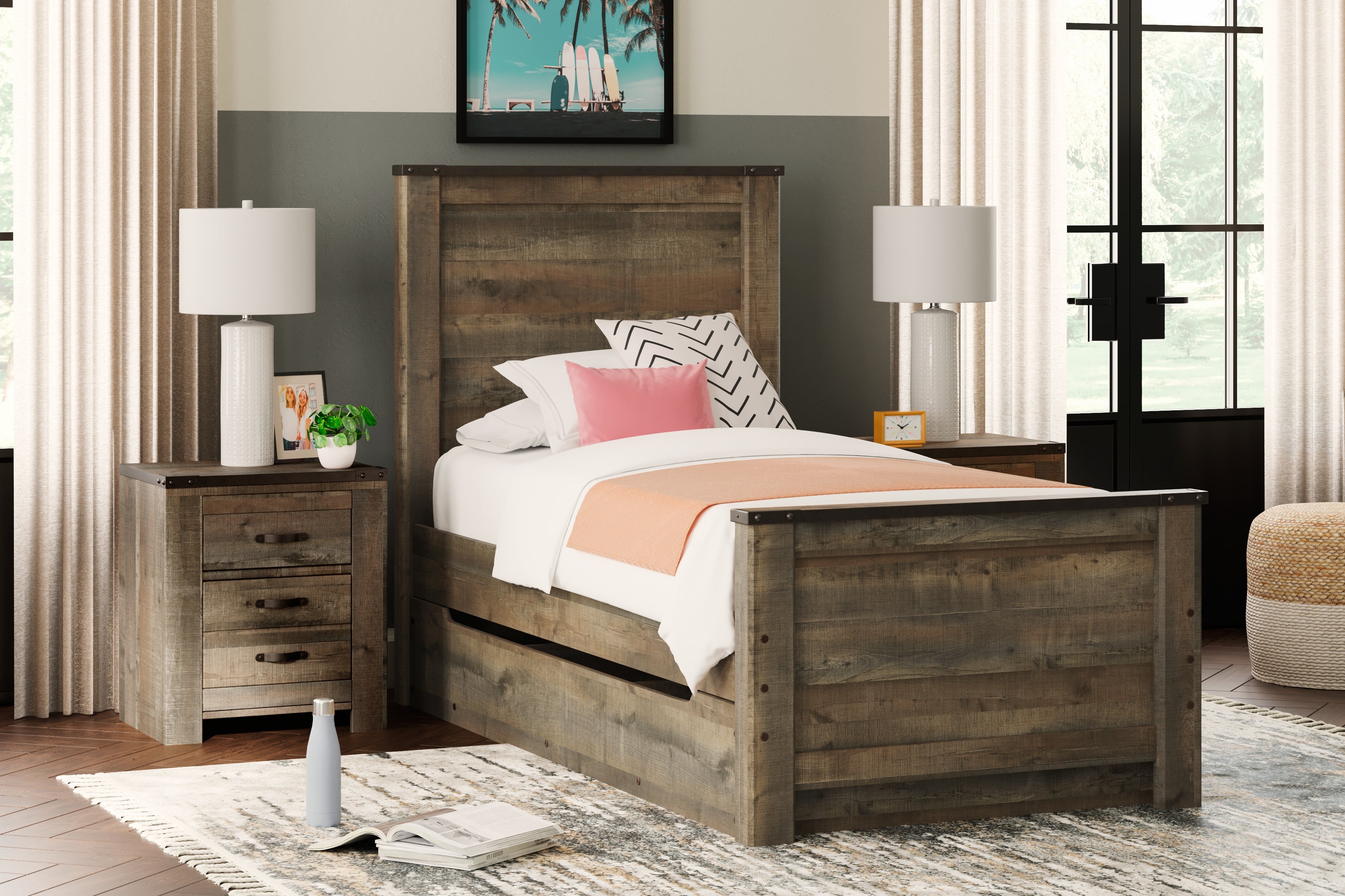 Leasing Furniture - Ashley Furniture - Trinell Bedroom - Twin Panel Bed with 1 Large Storage Drawer / Brown - B446B8