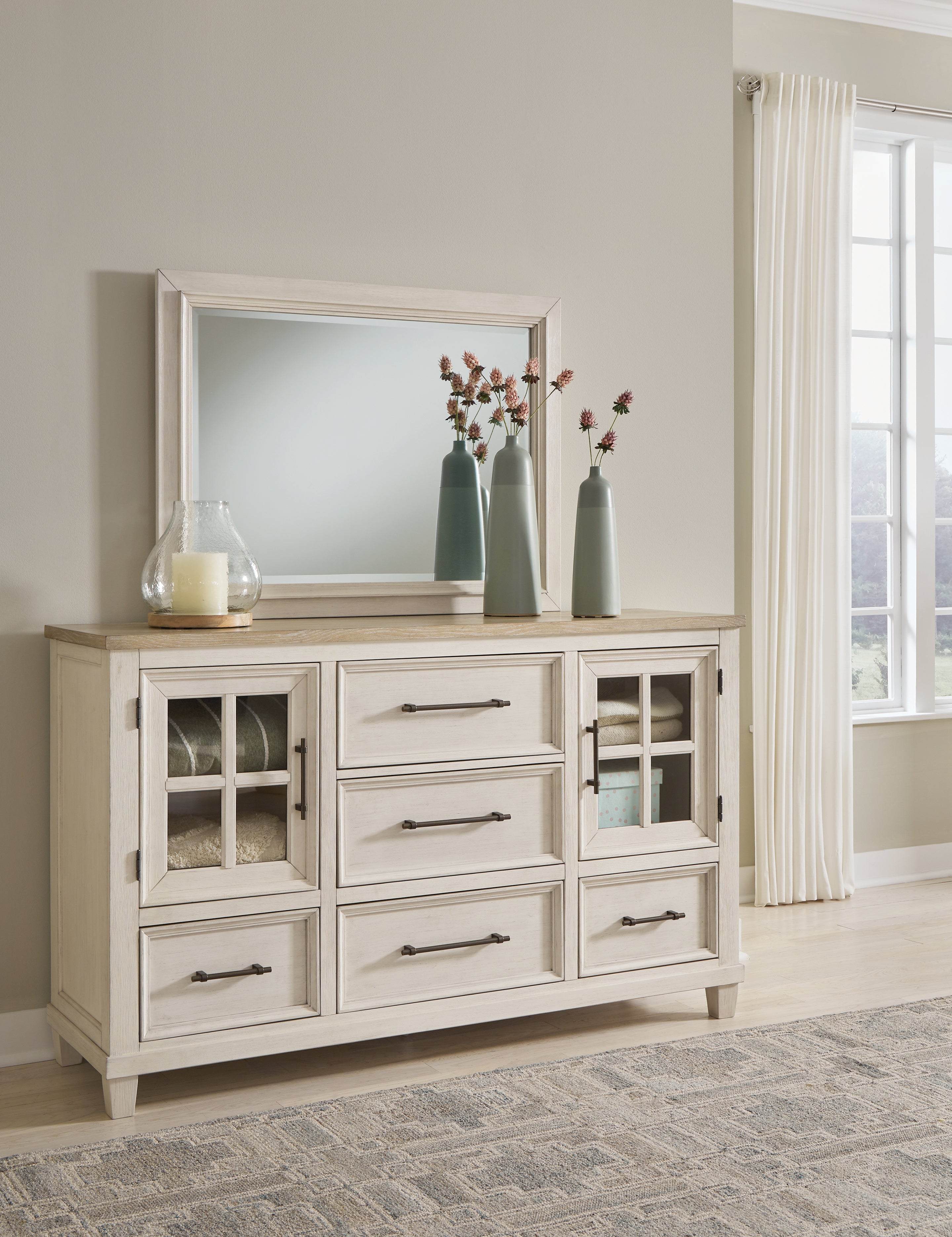 Leasing Furniture - Ashley Furniture - Shaybrock Bedroom - Dresser and Mirror / Antique White/Brown - B683B1