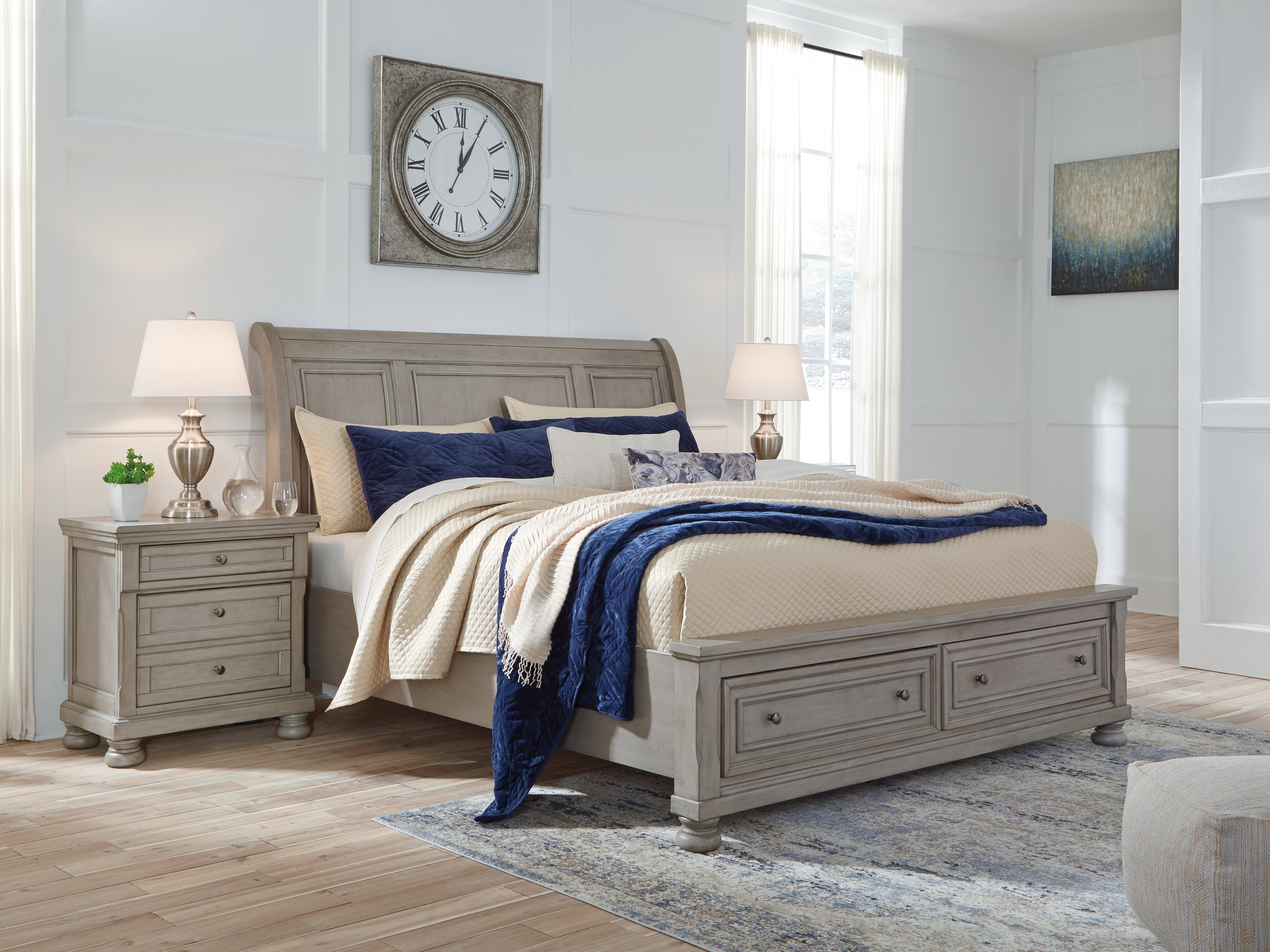 Leasing Furniture - Ashley Furniture - Lettner Bedroom - King Sleigh Bed with 2 Storage Drawers / Light Gray - B733B8