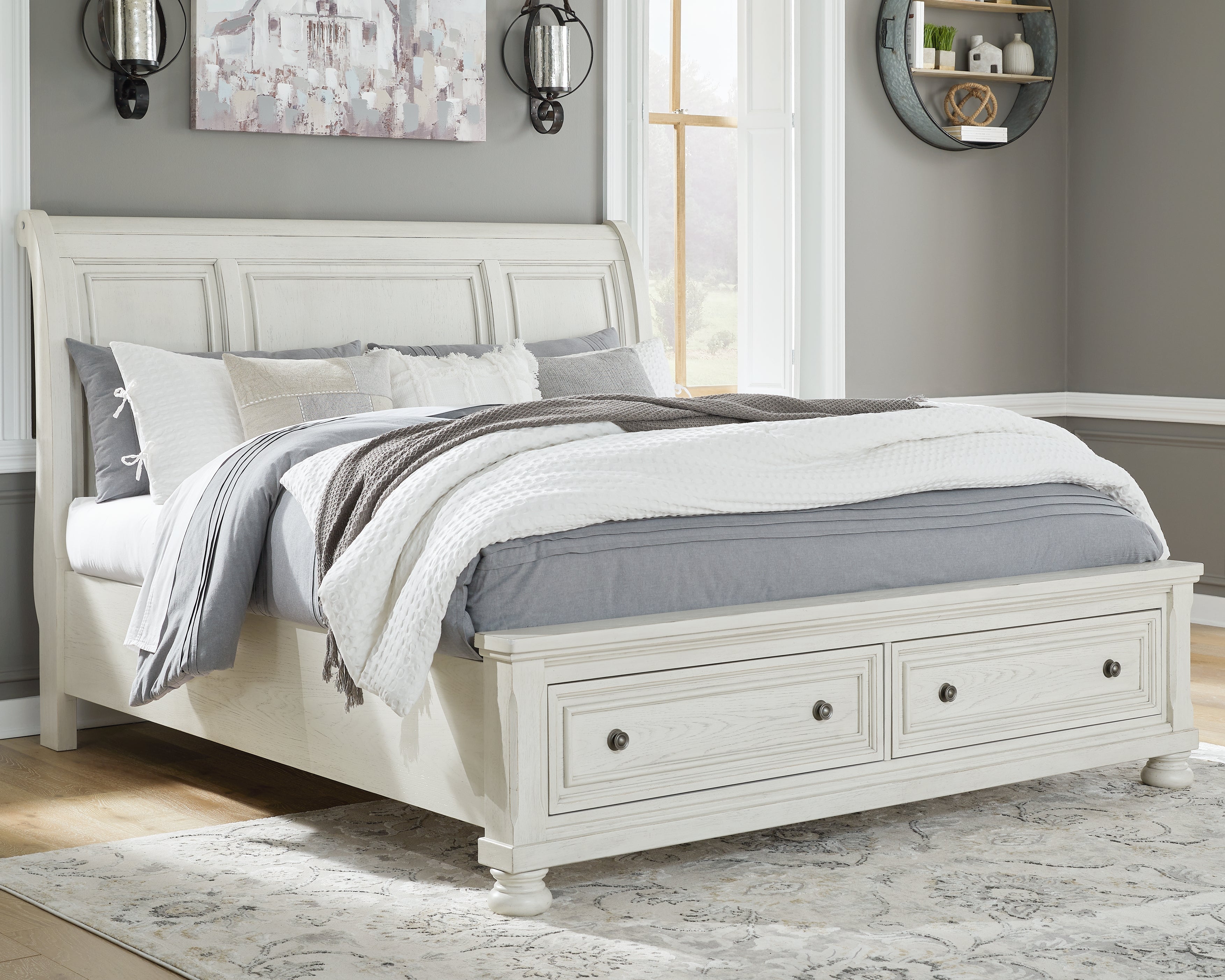 Leasing Furniture - Ashley Furniture - Robbinsdale Bedroom - King Sleigh Bed with Storage / Antique White - B742B8