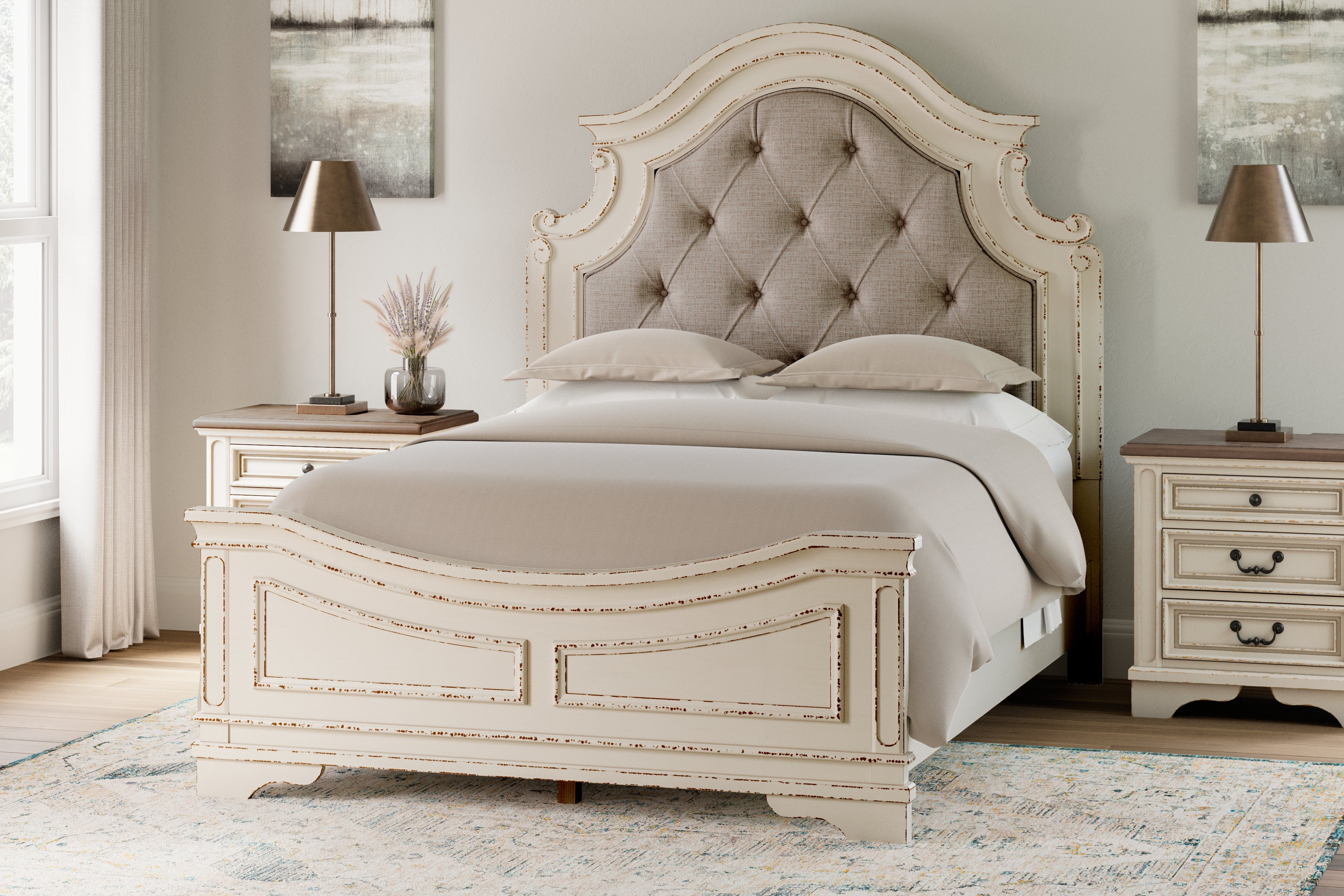 Leasing Furniture - Ashley Furniture - Realyn Bedroom - Queen Upholstered Panel Bed / Chipped White - B743B2