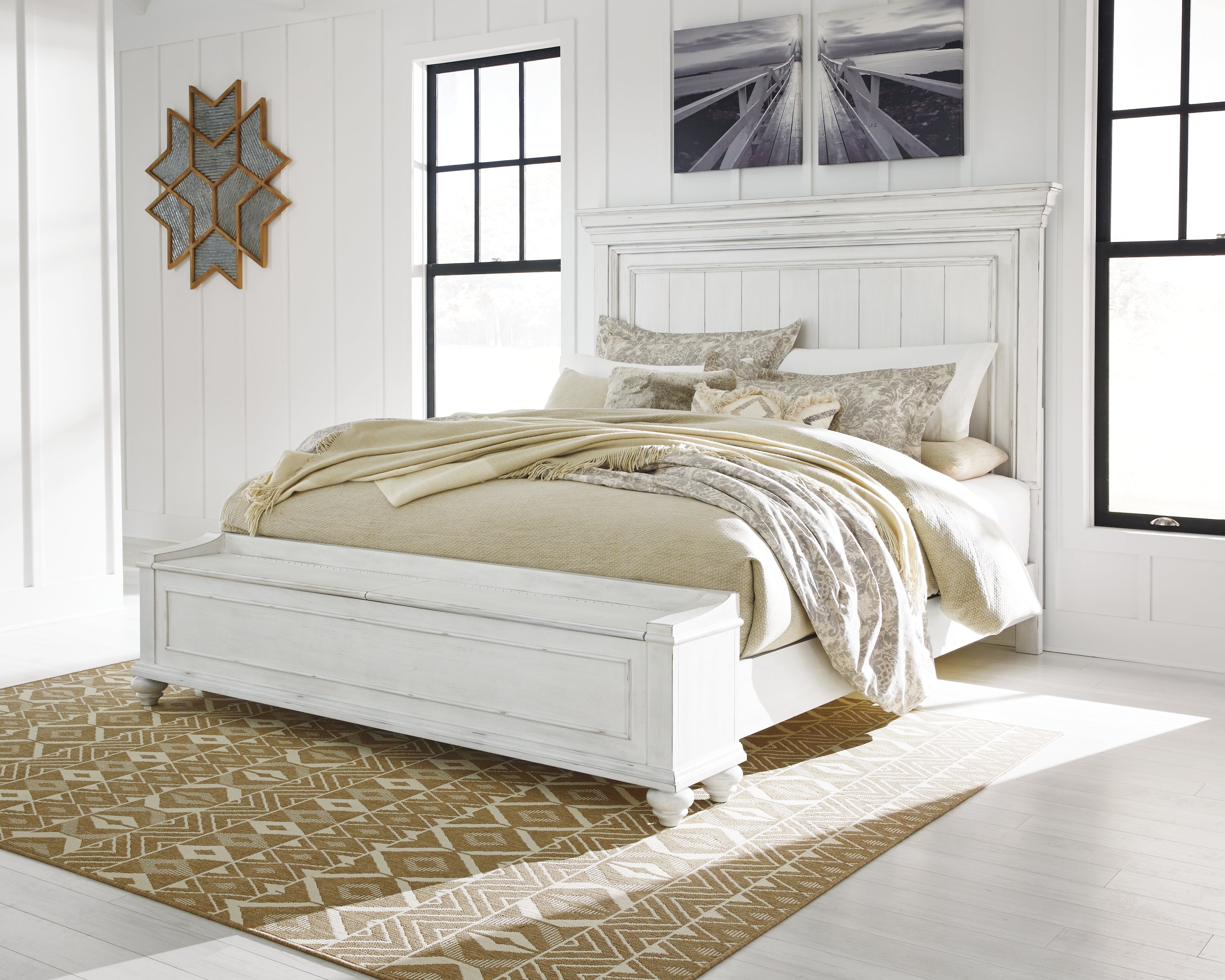 Leasing Furniture - Ashley Furniture - Kanwyn Bedroom - King Panel Bed with Storage Bench / Whitewash - B777B9