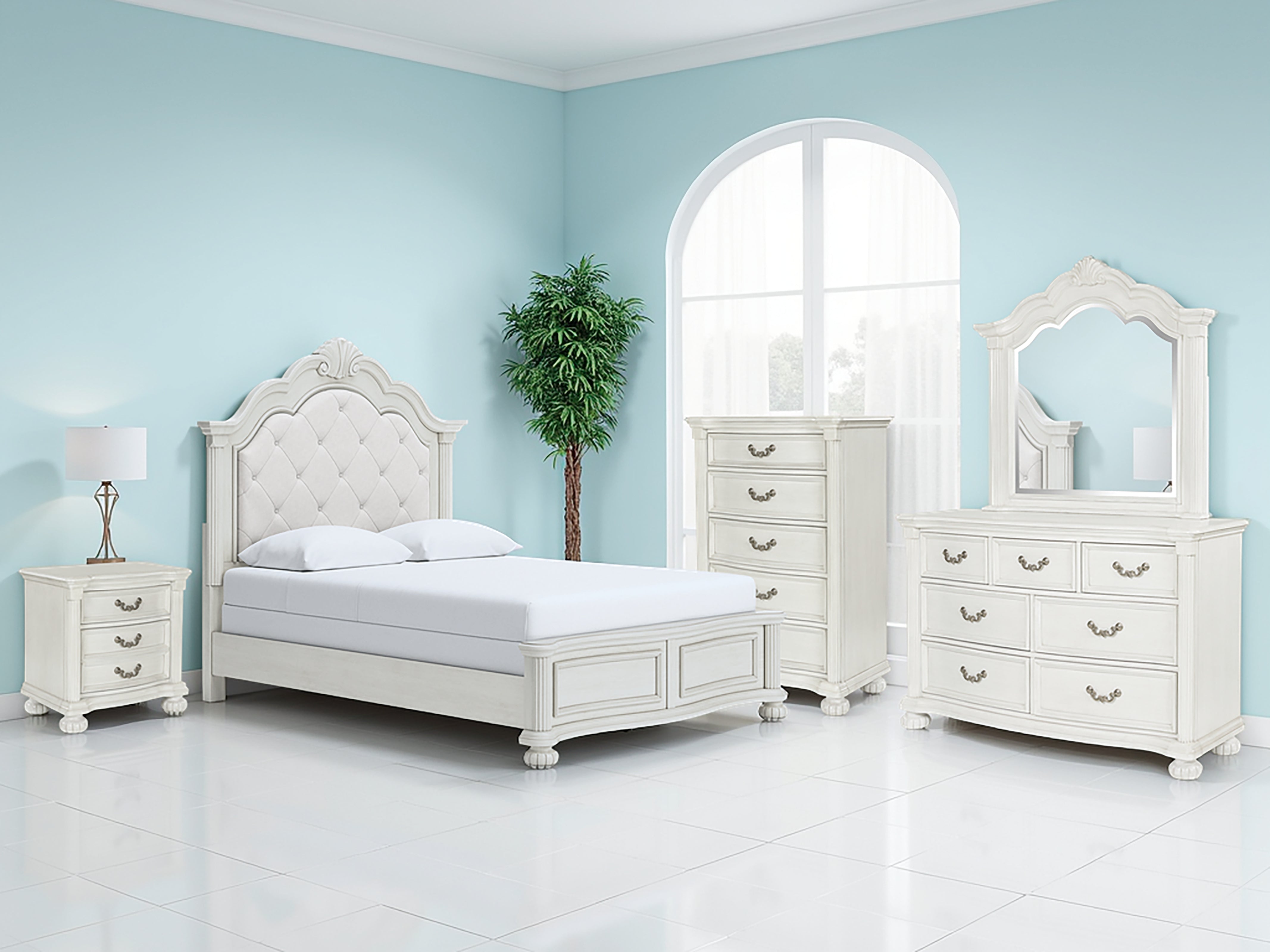 Leasing Furniture - Ashley Furniture - Montelaine Bedroom - Queen Upholstered Panel Bed / Antique White - B795B2