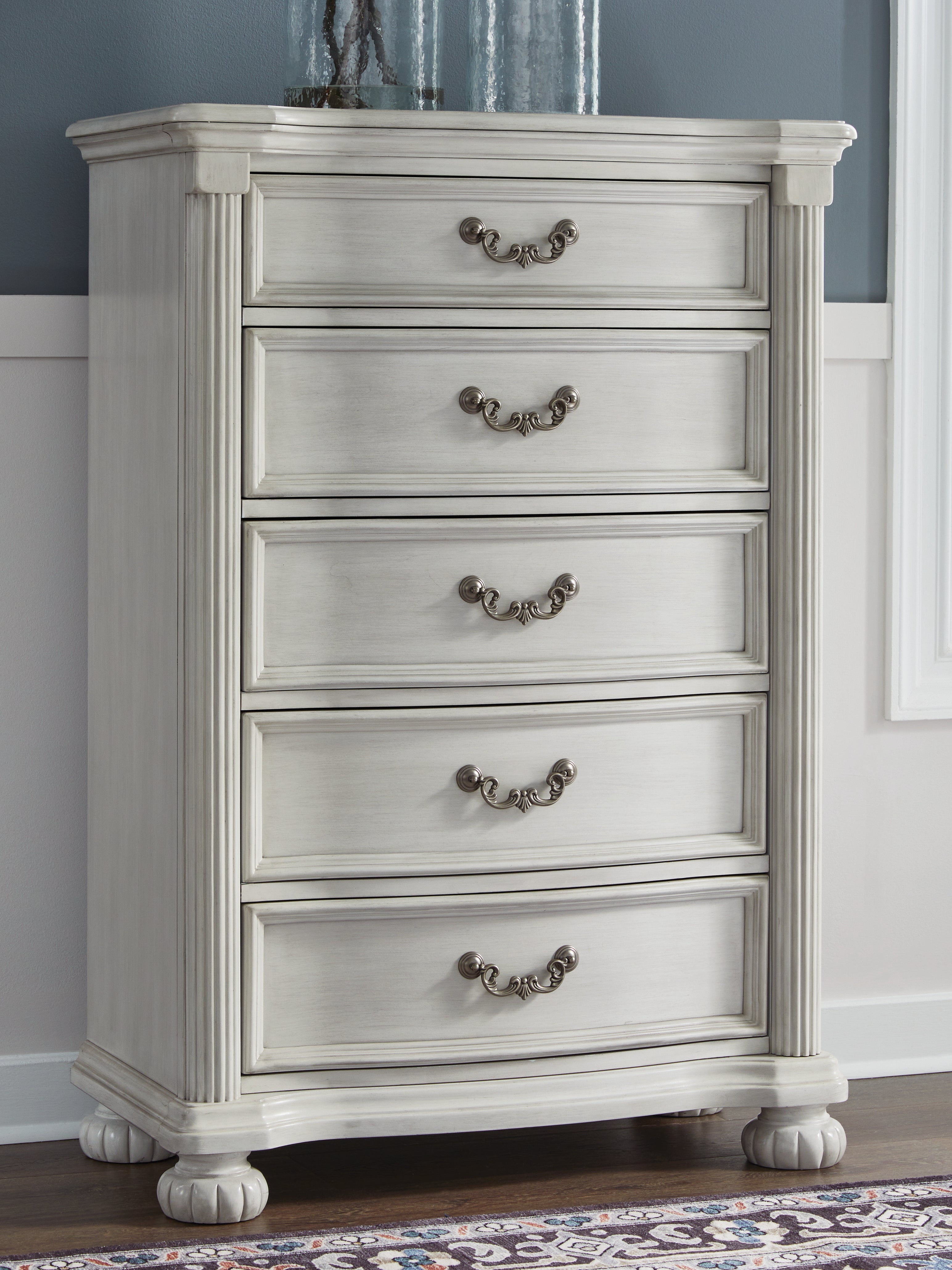 Leasing Furniture - Ashley Furniture - Montelaine Bedroom - Five Drawer Chest / Antique White - B795-46