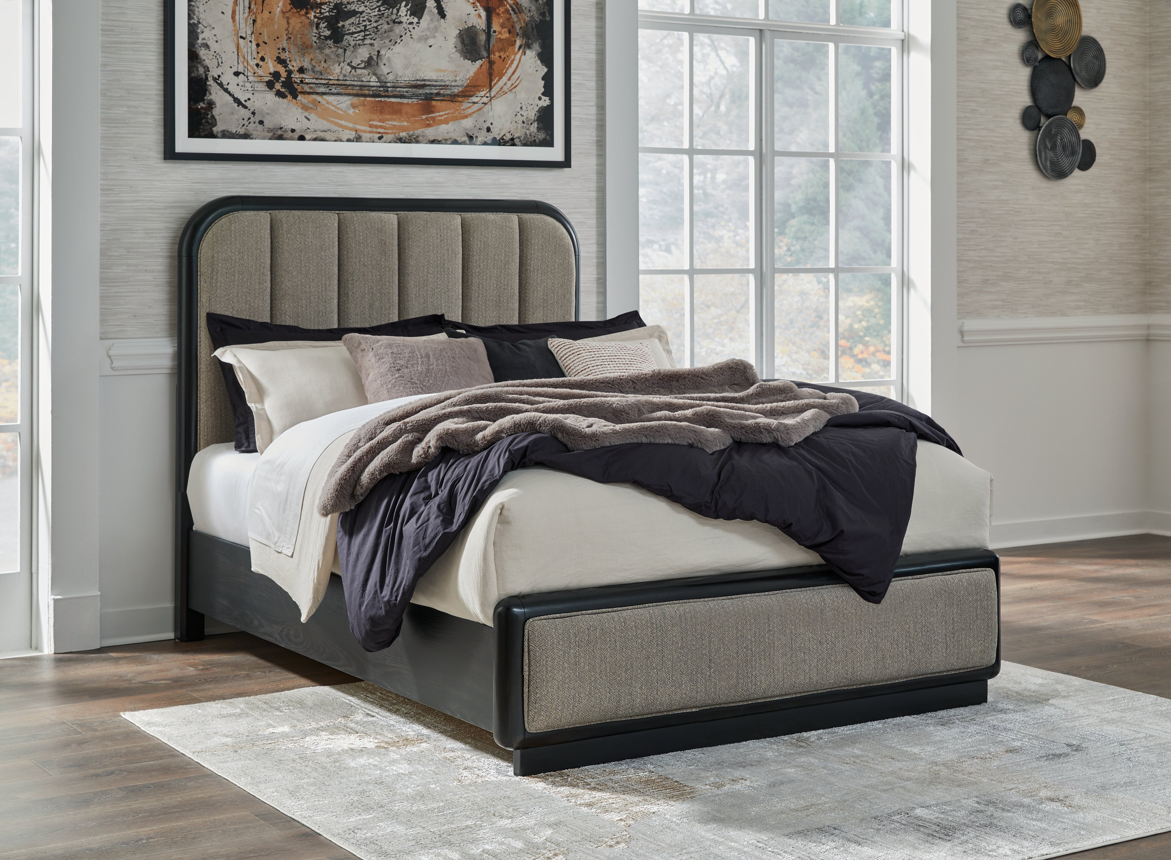 Leasing Furniture - Ashley Furniture - Rowanbeck Bedroom - Queen Upholstered Panel Bed / Gray/Black - B821B2