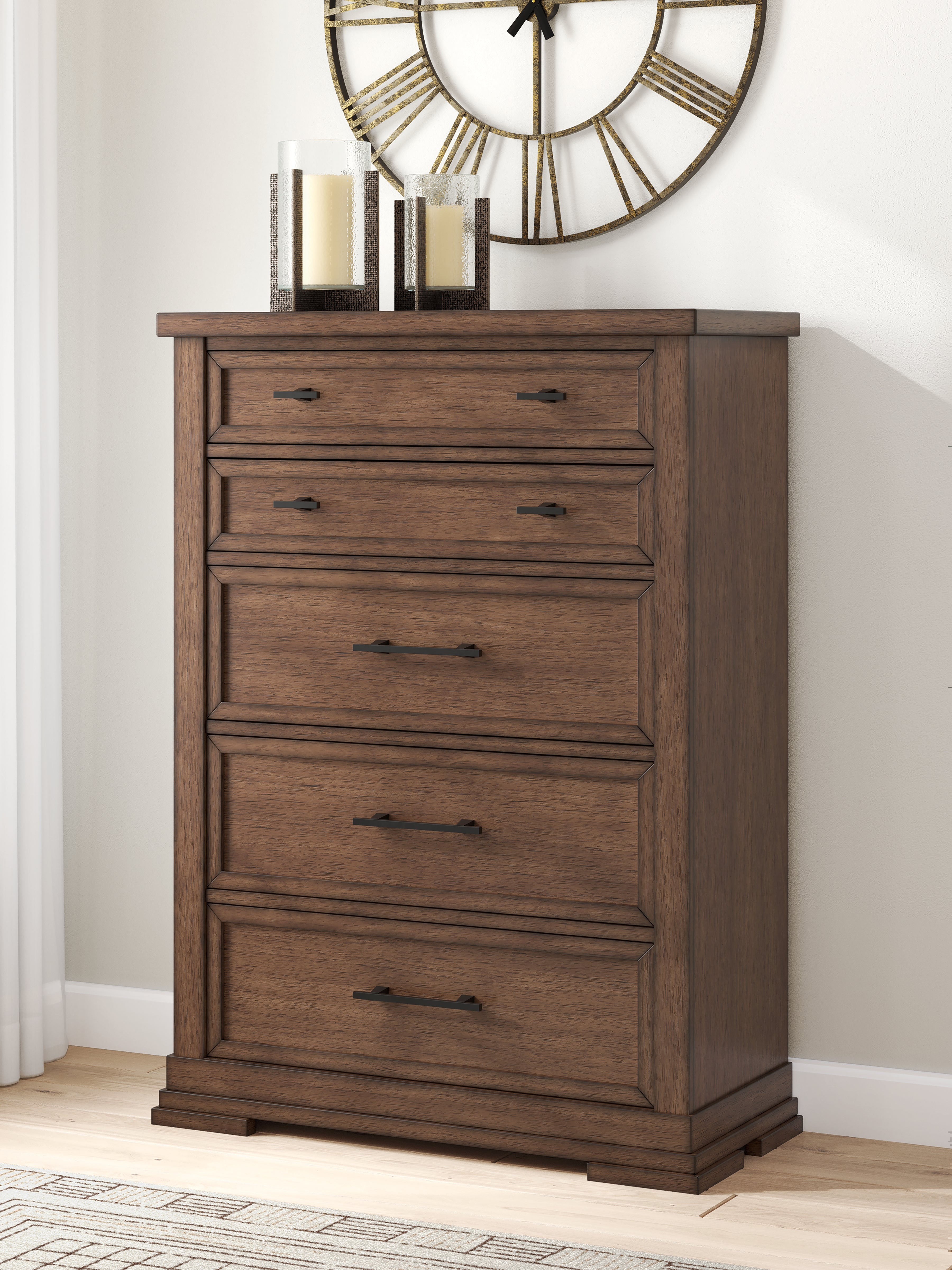 Leasing Furniture - Ashley Furniture - Taffenbrook Bedroom - Five Drawer Chest / Medium Brown - B849-46