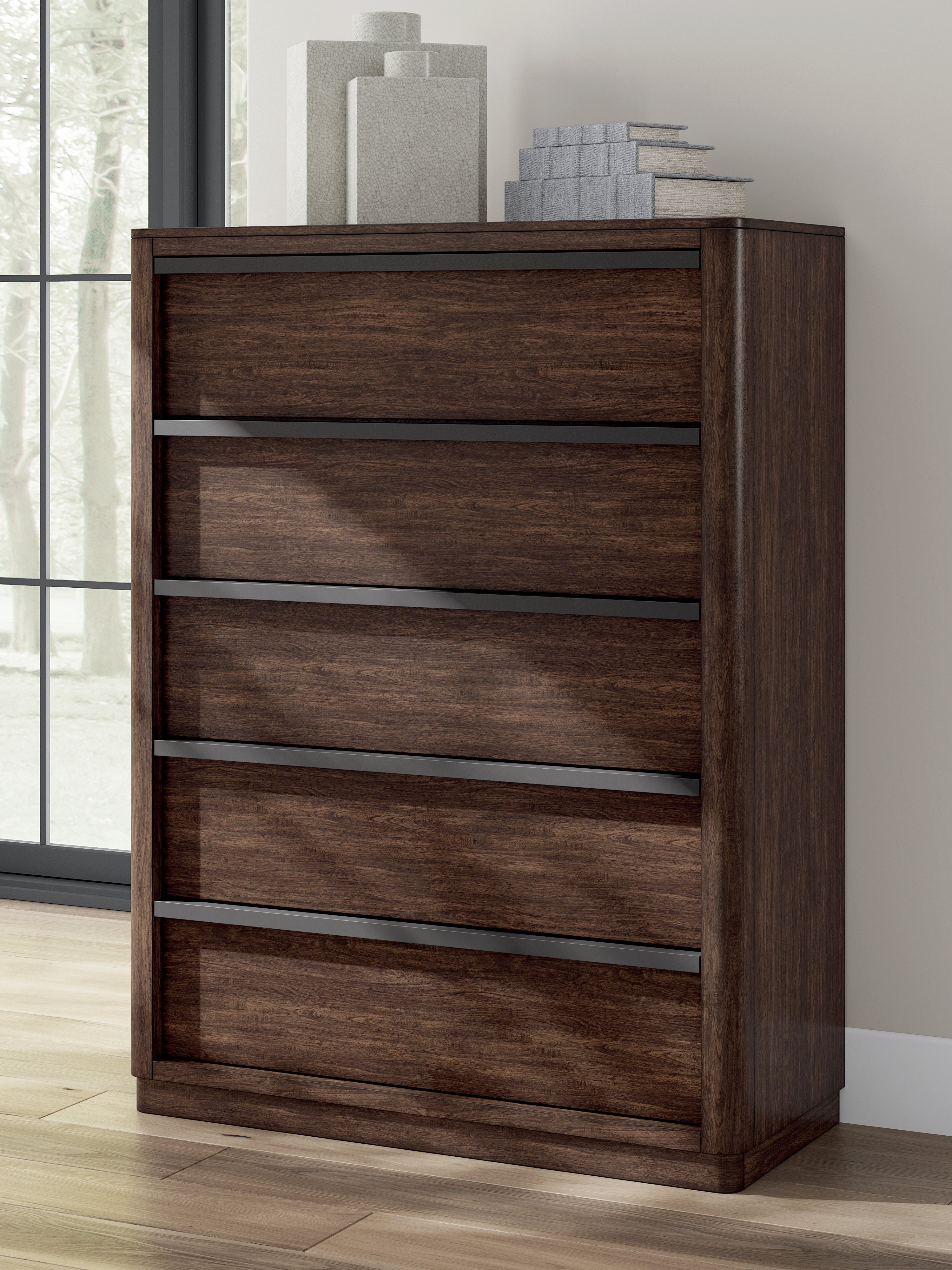 Leasing Furniture - Ashley Furniture - Dilenno Bedroom - Five Drawer Chest / Dark Brown - PCB857-46