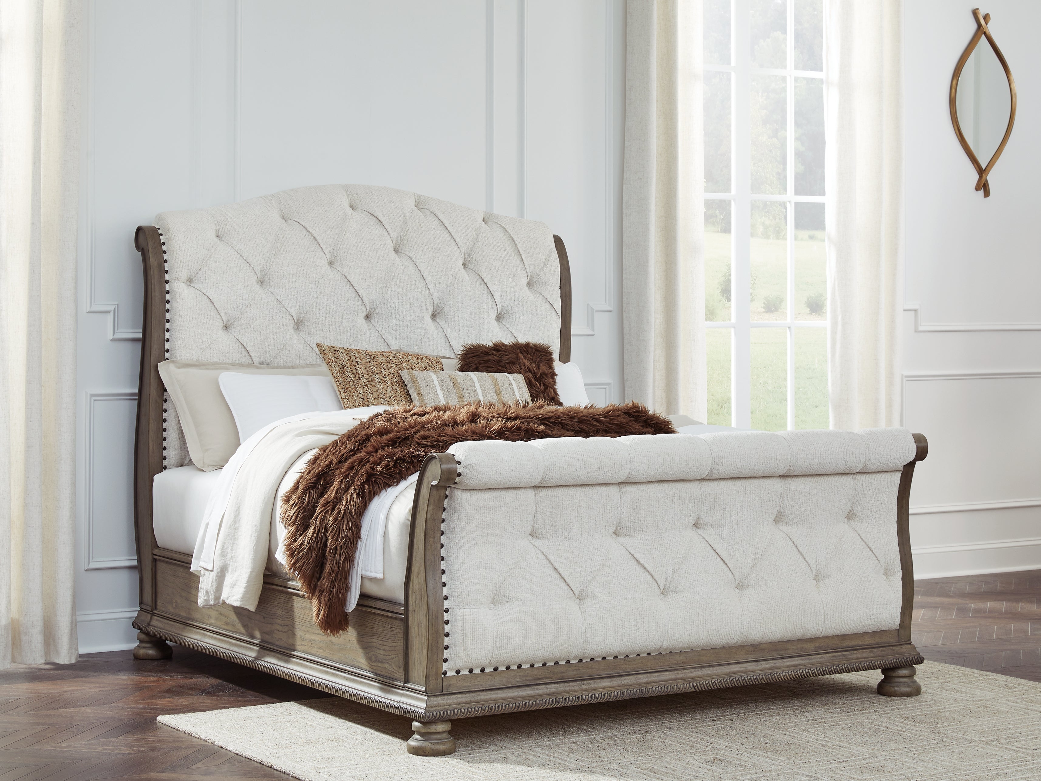 Leasing Furniture - Ashley Furniture - Ardenfield Bedroom - Queen Upholstered Sleigh Bed / Light Brown - B944B2