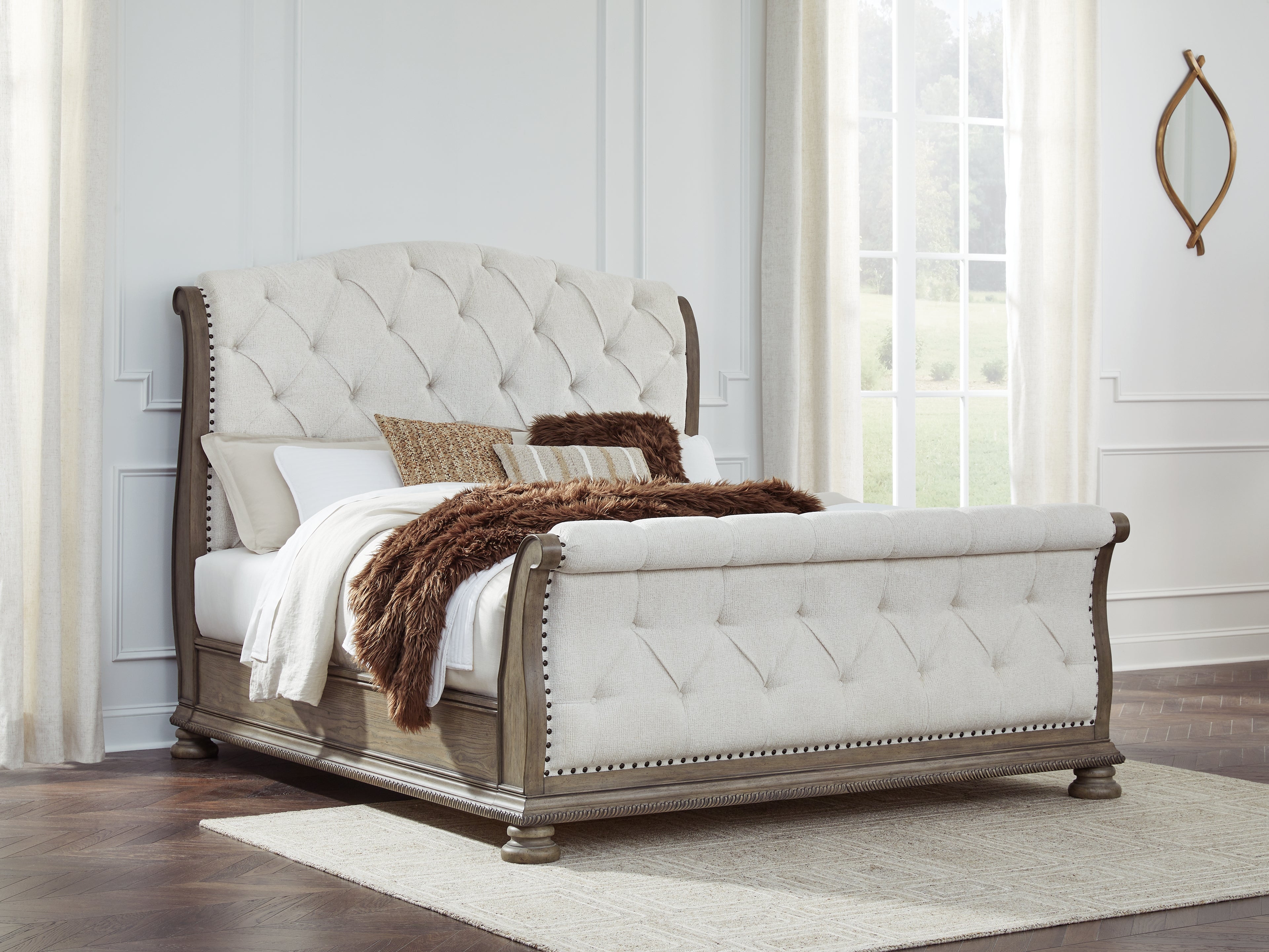 Leasing Furniture - Ashley Furniture - Ardenfield Bedroom - California King Upholstered Sleigh Bed / Light Brown - B944B5