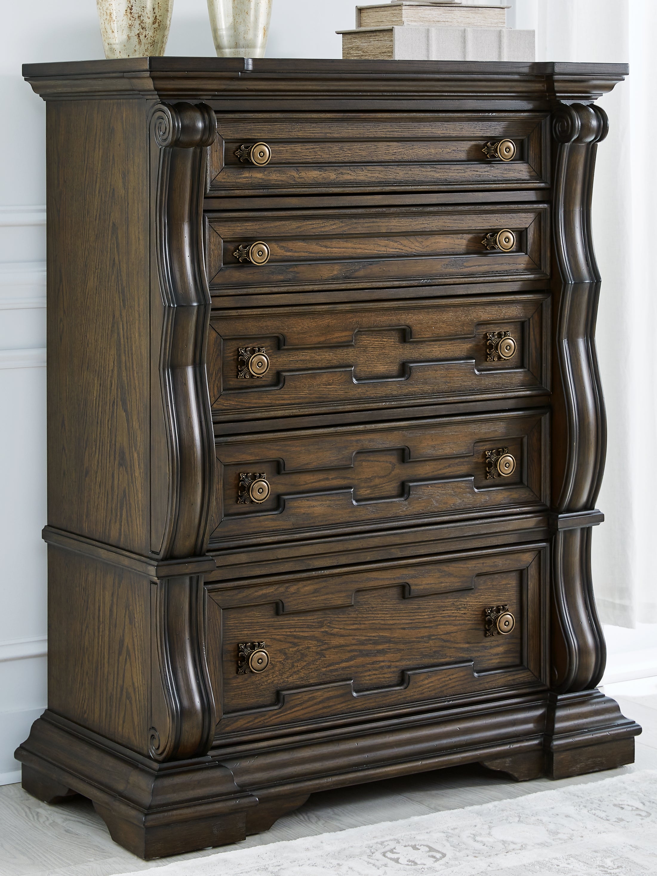 Leasing Furniture - Ashley Furniture - Maylee Bedroom - Five Drawer Chest / Dark Brown - B947-46