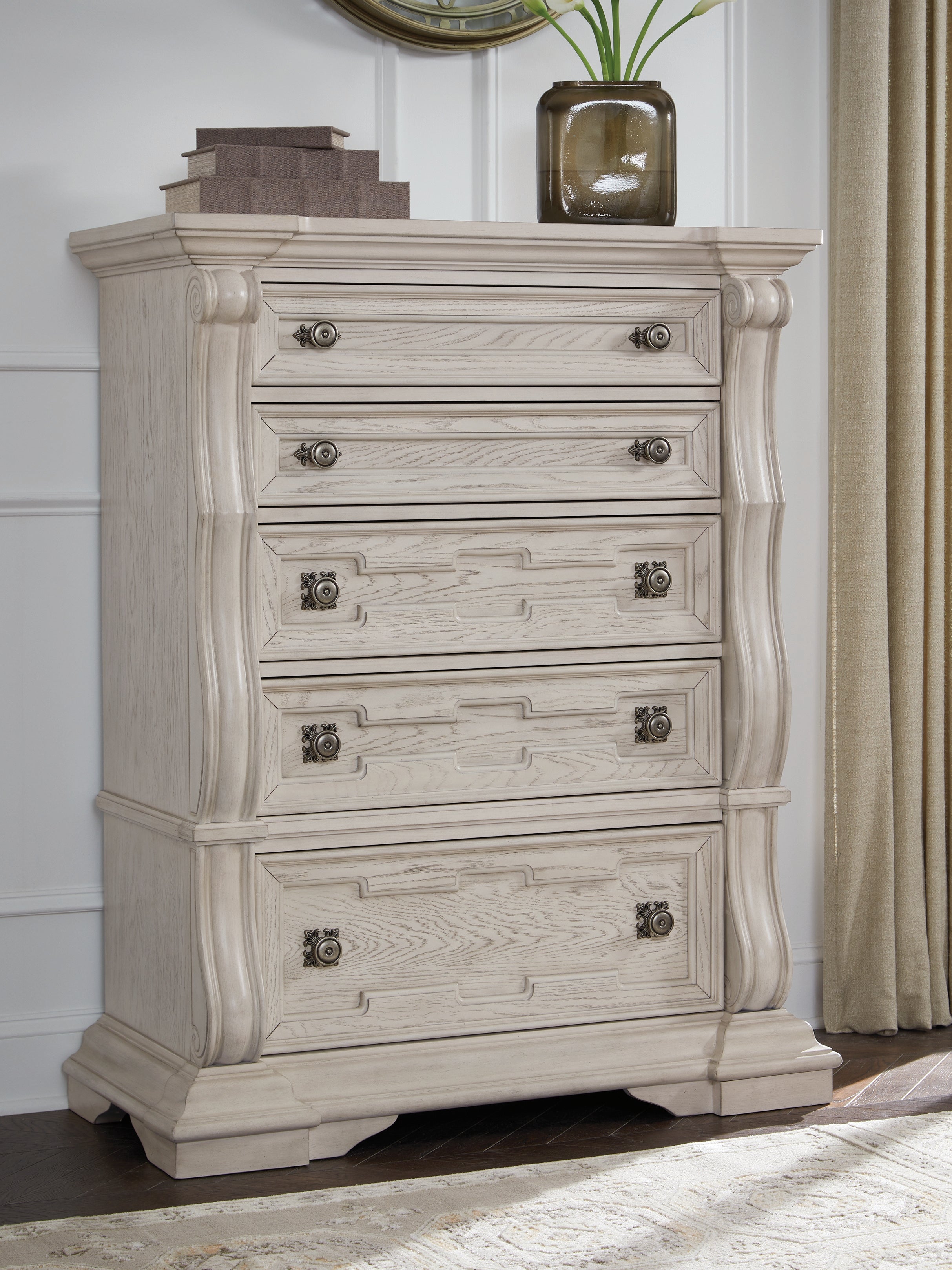 Leasing Furniture - Ashley Furniture - Bruchandi Bedroom - Five Drawer Chest / Antique White - PCB948-46
