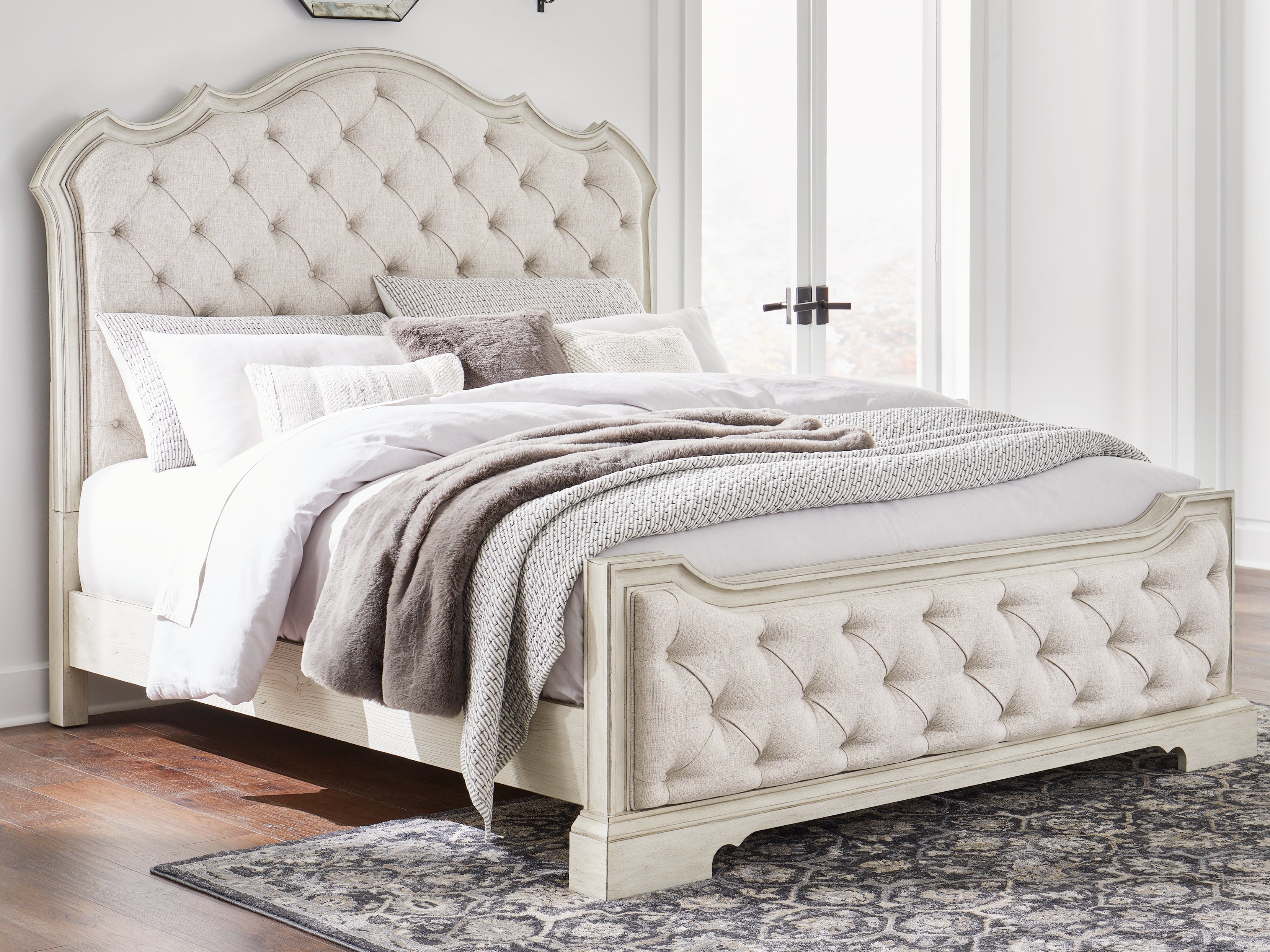 Leasing Furniture - Ashley Furniture - Arlendyne Bedroom - King Upholstered Bed / Antique White - B980B4