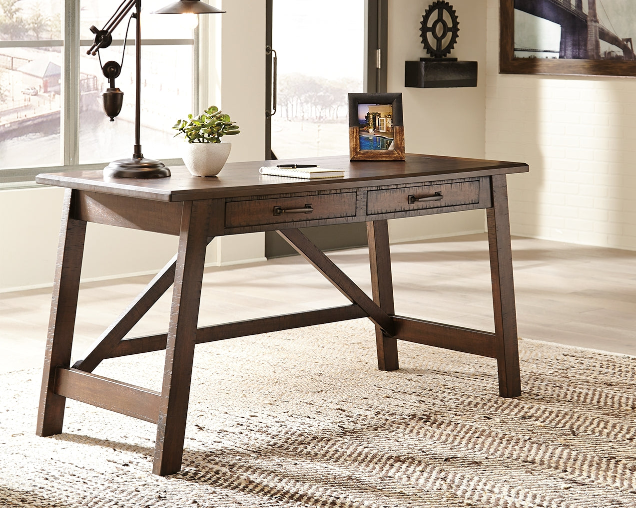 Leasing Furniture - Ashley Furniture - Baldridge Office Desk - Home Office Large Leg Desk / Rustic Brown - H675-44