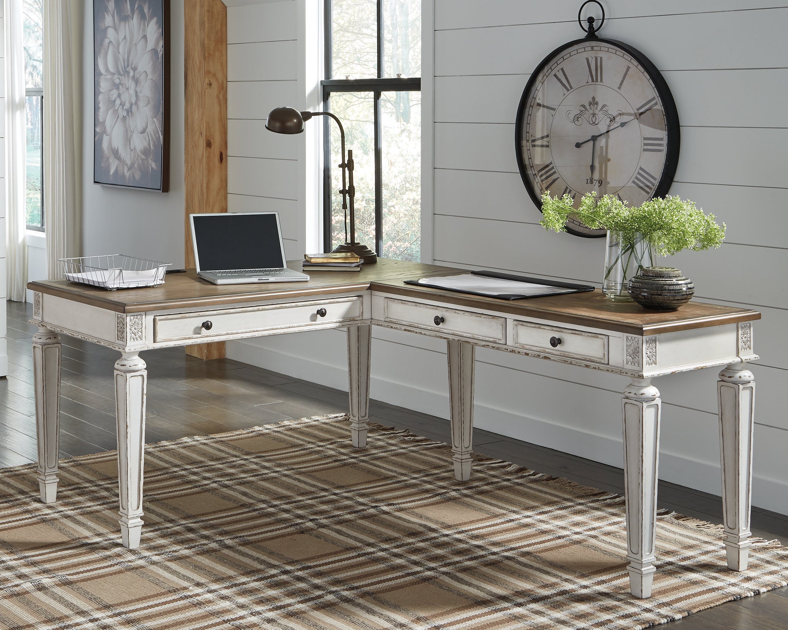 Leasing Furniture - Ashley Furniture - Realyn Office Desk - 2-Piece Home Office Desk / White/Brown - H743H1