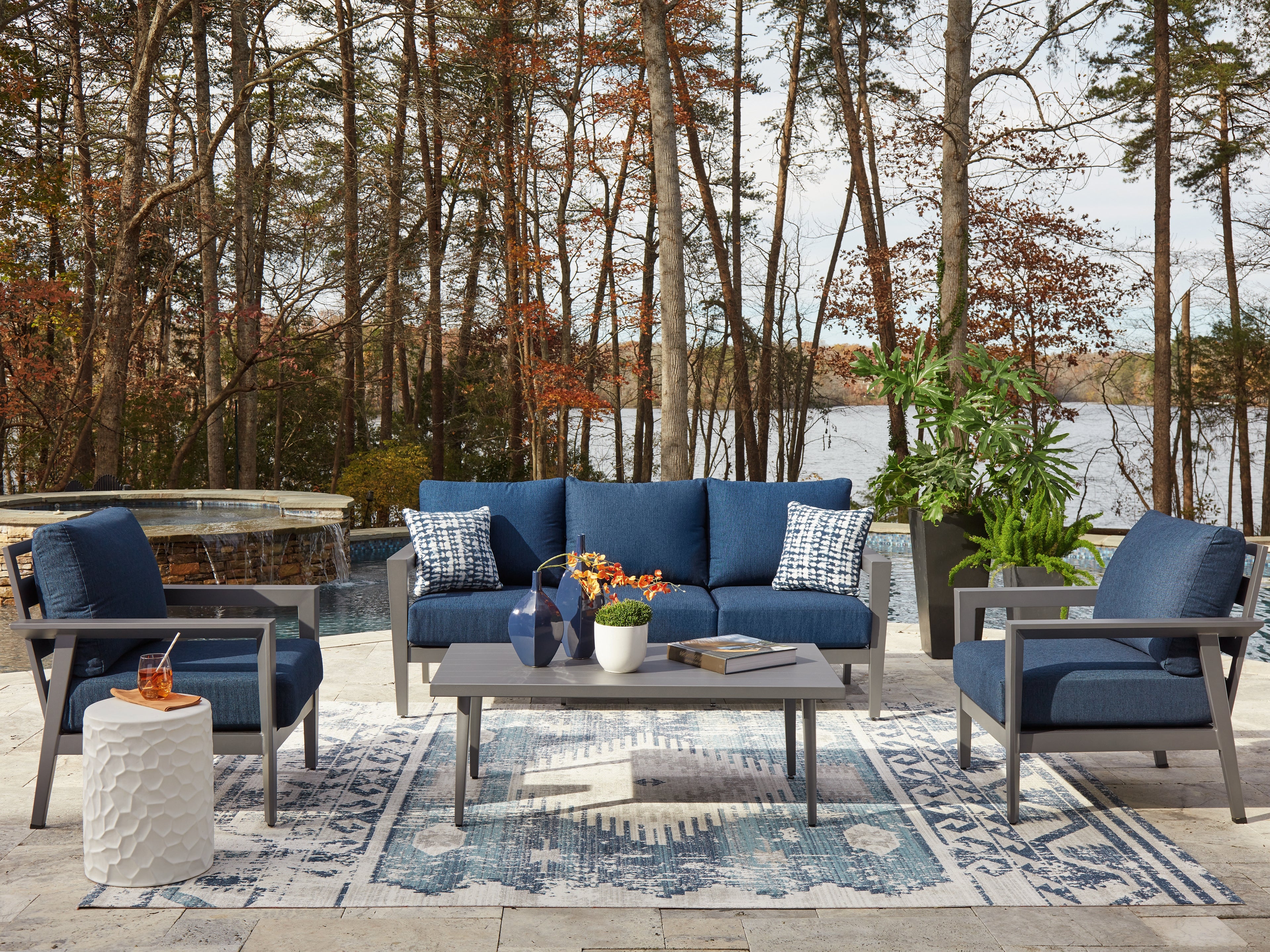 Leasing Furniture - Ashley Furniture - Gali Outdoor - Sofa/Chairs/Table Set (4/CN) / Gray/Blue - P275-081