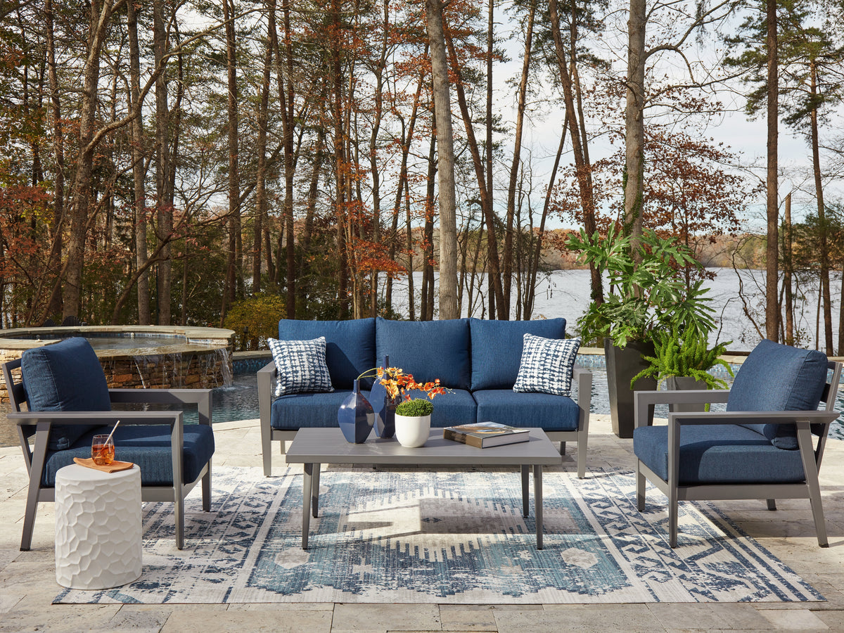 Leasing Furniture - Ashley Furniture - Gali Outdoor - Sofa/Chairs/Table Set (4/CN) / Gray/Blue - P275-081