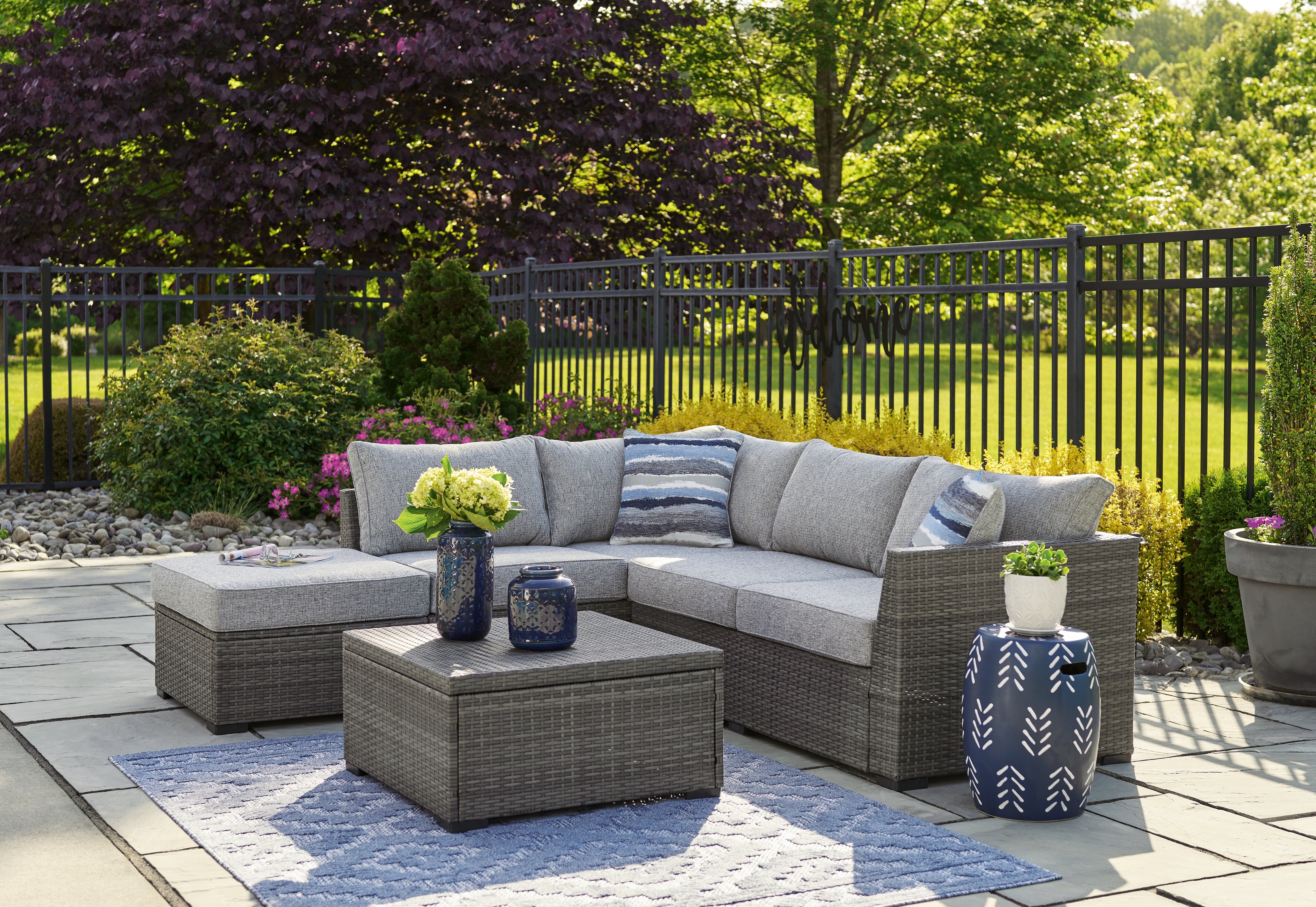 Leasing Furniture - Ashley Furniture - Petal Road Outdoor - LoveseatSEC/OTTO/TBL Set(4/CN) / Gray - P297-070