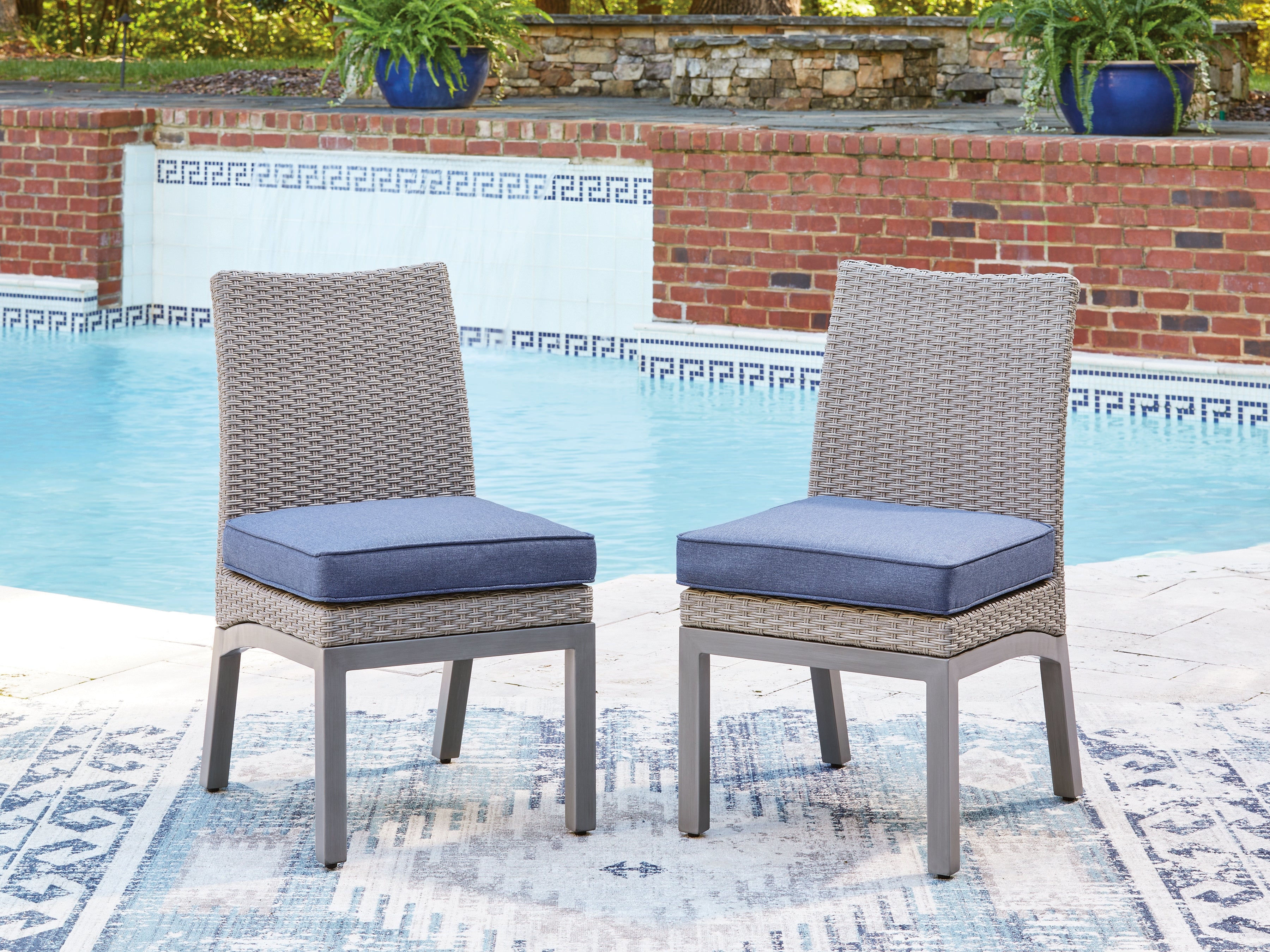 Leasing Furniture - Ashley Furniture - Half Moon Beach Outdoor - Side Chair with Cushion (Set of 2) / Blue/Gray - PCP418-601