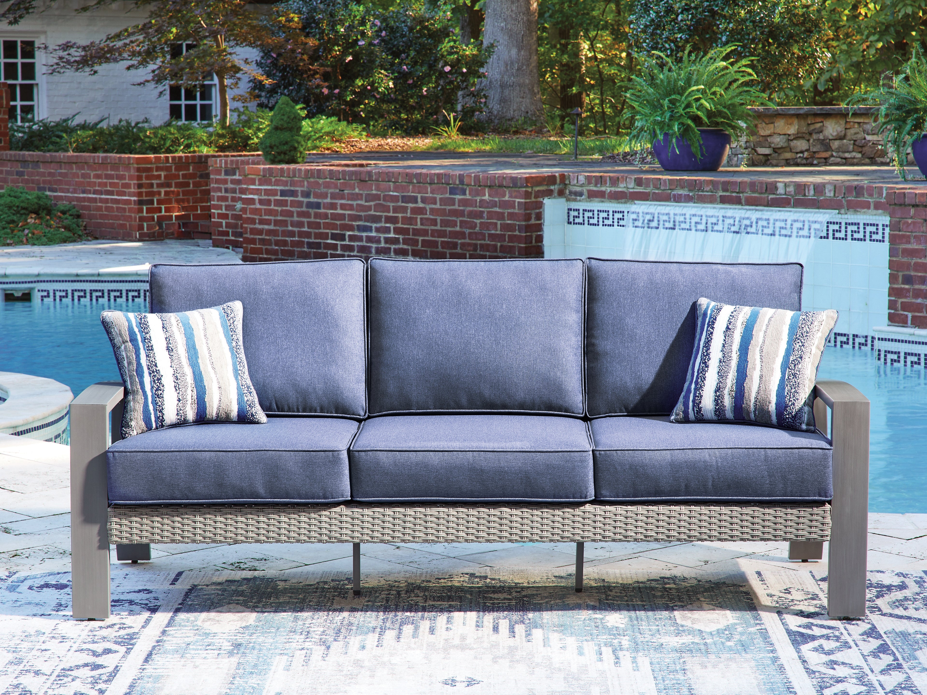 Leasing Furniture - Ashley Furniture - Half Moon Beach Outdoor - Sofa with Cushion / Blue/Gray - PCP418-838