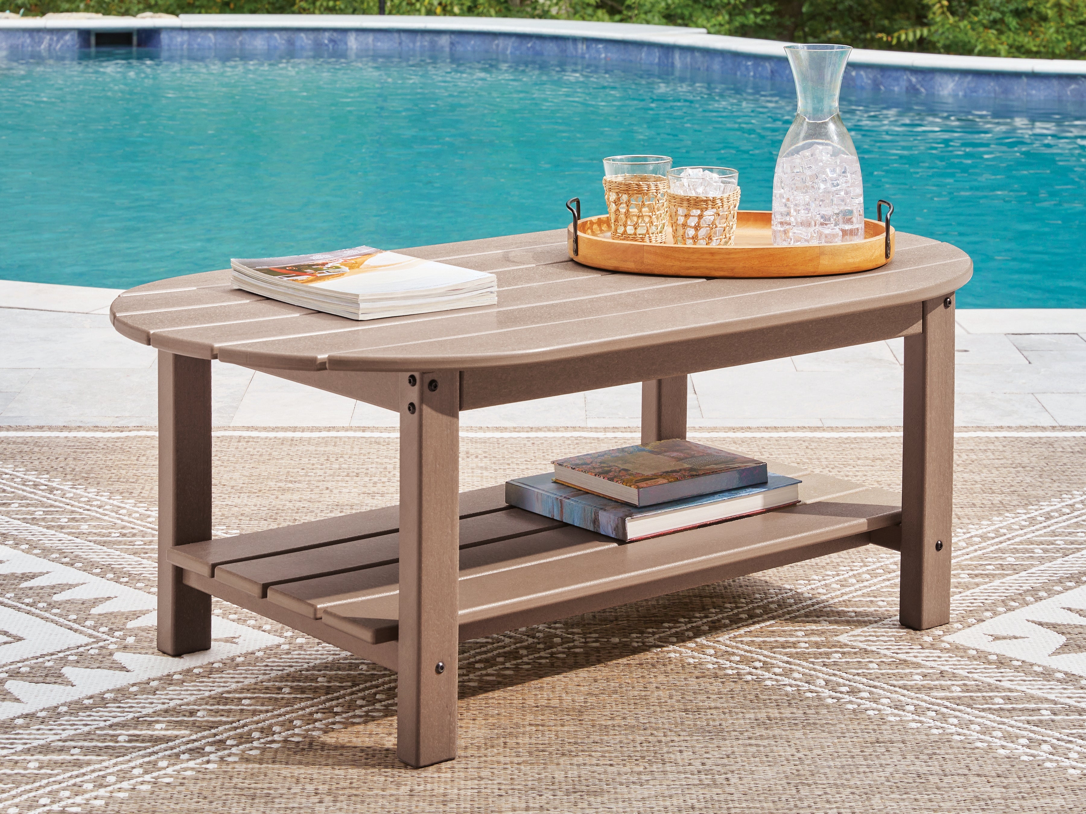 Leasing Furniture - Ashley Furniture - Grover Beach Outdoor - Oval Cocktail Table / Driftwood - PCP422-700