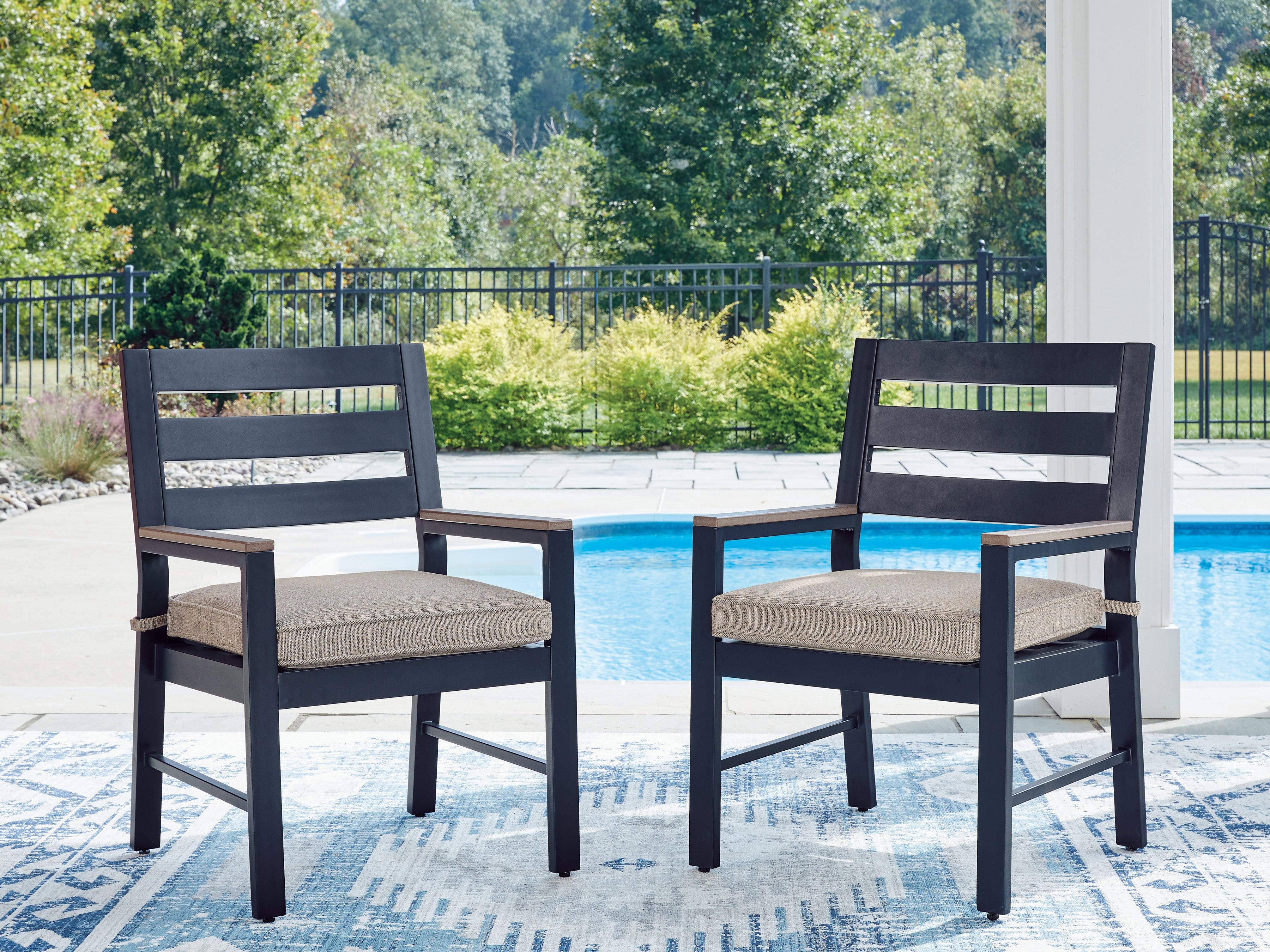 Leasing Furniture - Ashley Furniture - East Beach Outdoor - Arm Chair With Cushion (Set of 2) / Navy Blue/Driftwood - PCP587-601A