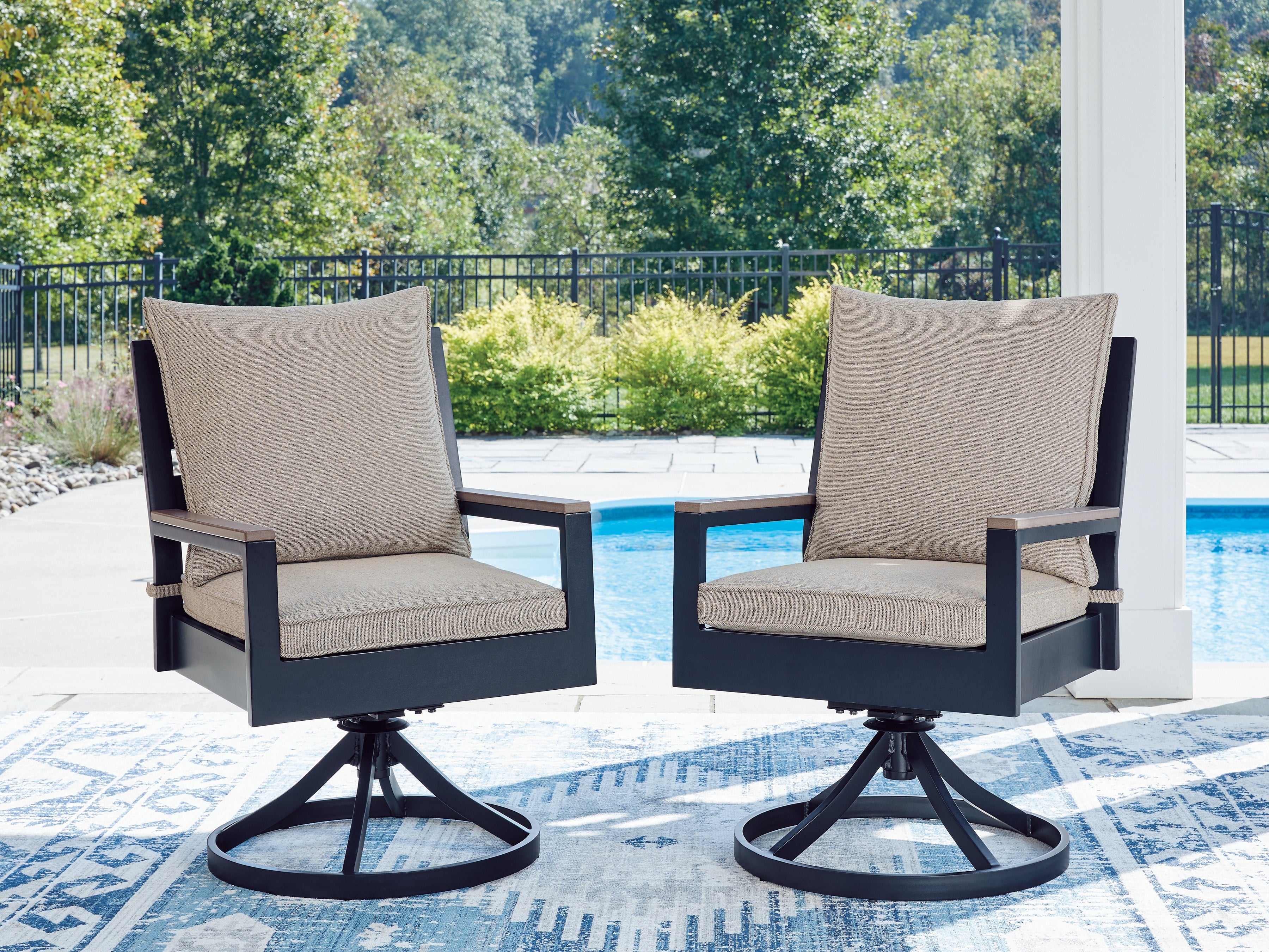 Leasing Furniture - Ashley Furniture - East Beach Outdoor - Swivel Chair w/Cushion (Set of 2) / Navy Blue/Driftwood - PCP587-602A